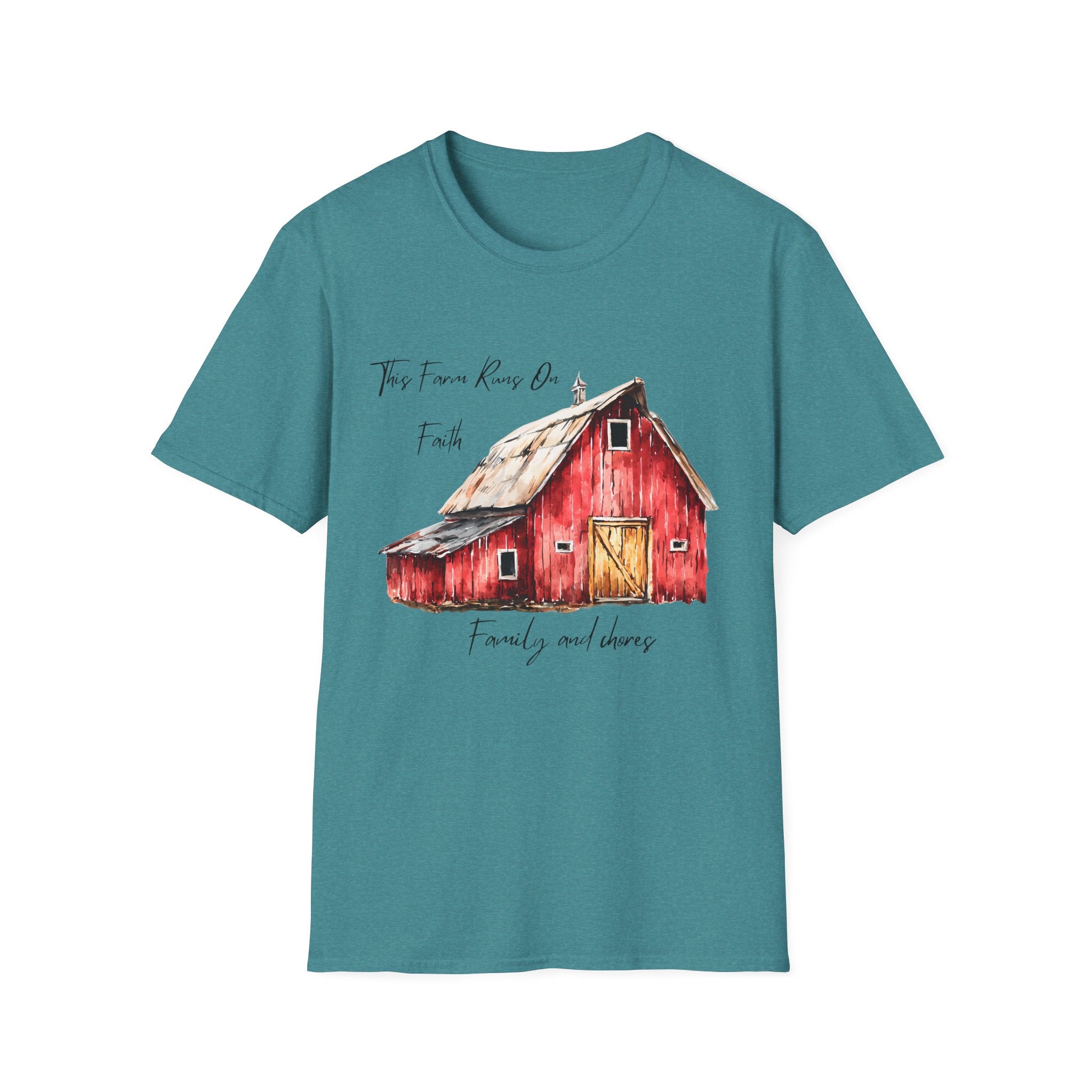 Barn Farm T-Shirt — 'Farm runs on Faith, Family, and chores! Rustic Family Farm Tee