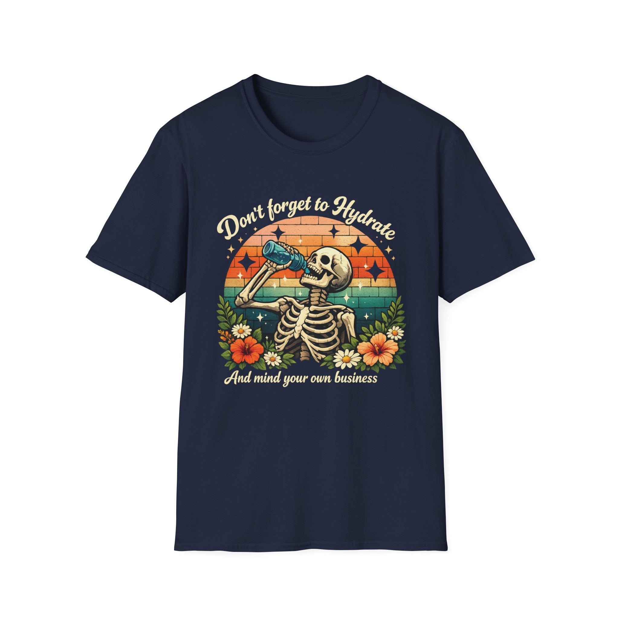 Skeleton Sunset Tee — Retro Skull Drinking Graphic T-Shirt