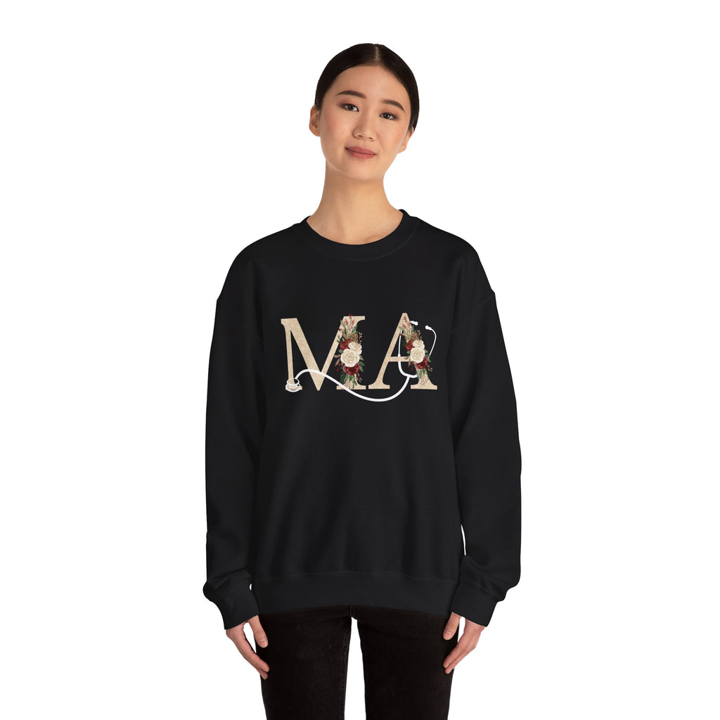 Medical Assistant Floral Initials Crewneck Sweatshirt — Monogram 'MA' Floral Design