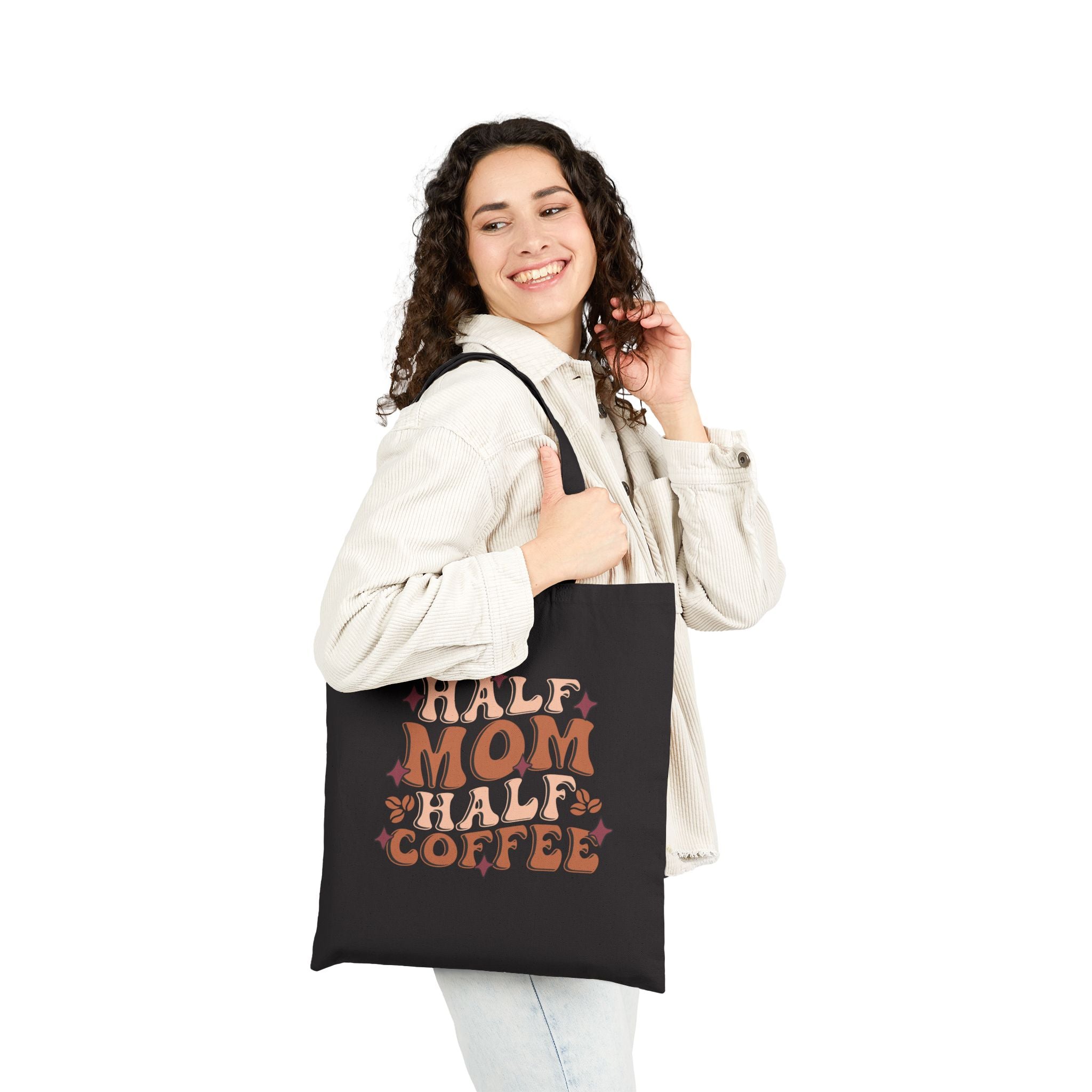 Tote Bag — "Half Mom Half Coffee" Retro Floral Canvas Tote
