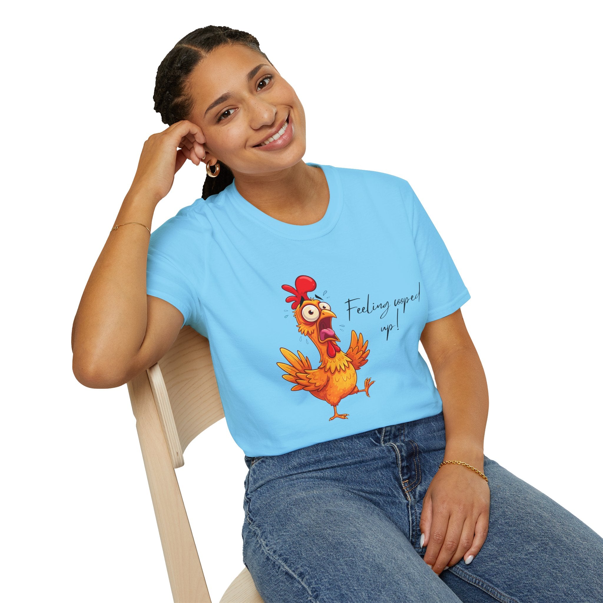 Chicken Cartoon T-Shirt — "Feeling cooped up?" Funny Farm Animal Tee