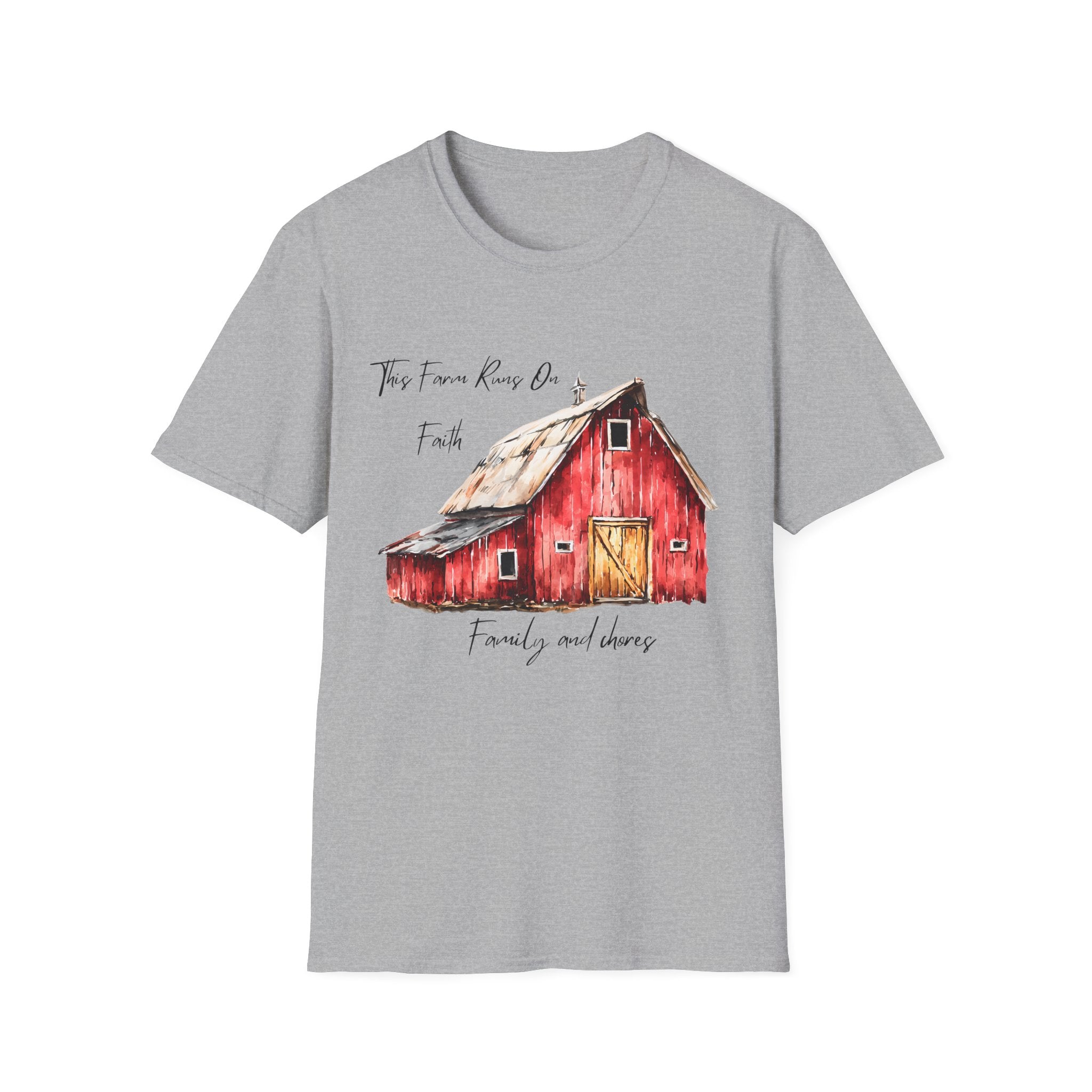 Barn Farm T-Shirt — 'Farm runs on Faith, Family, and chores! Rustic Family Farm Tee