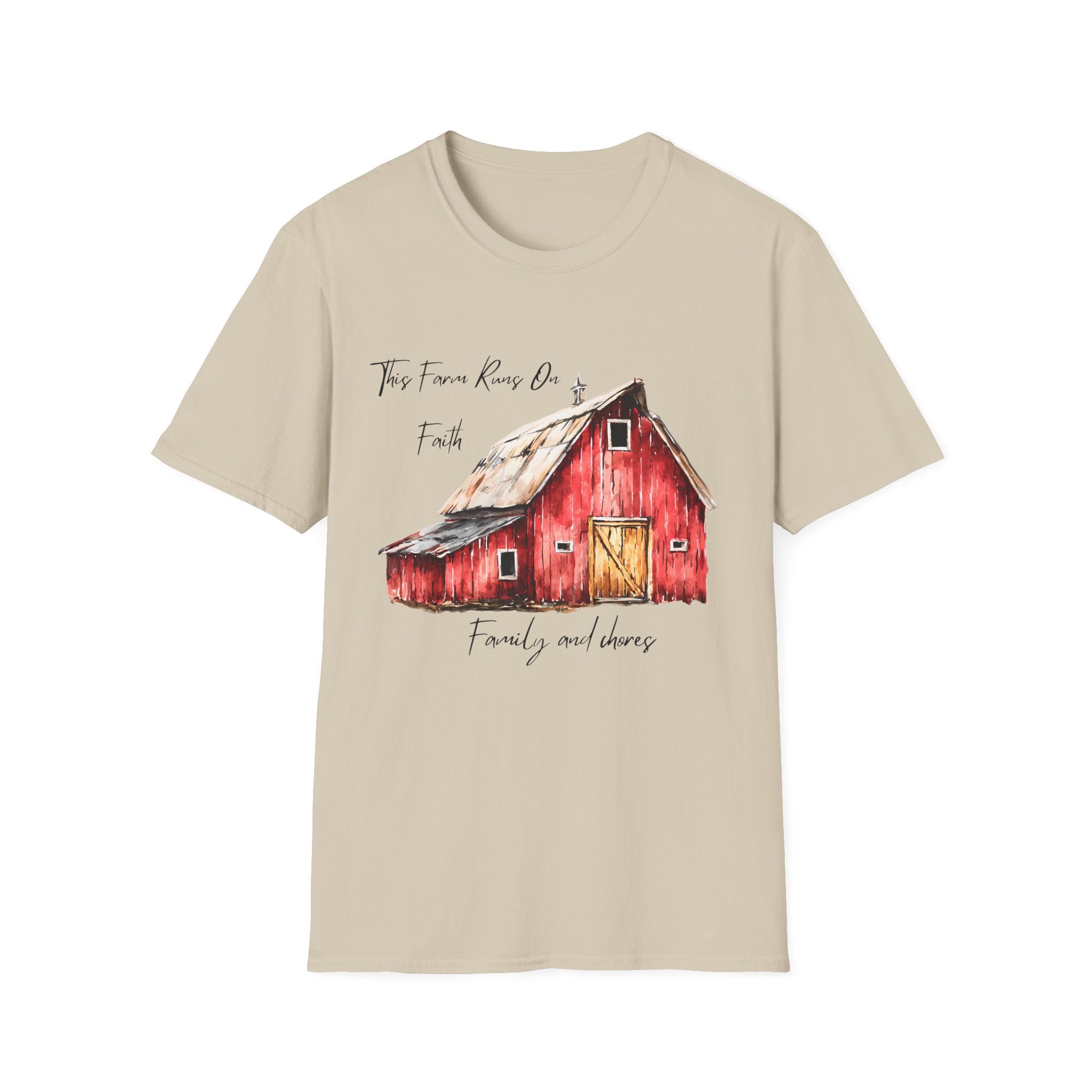 Barn Farm T-Shirt — 'Farm runs on Faith, Family, and chores! Rustic Family Farm Tee