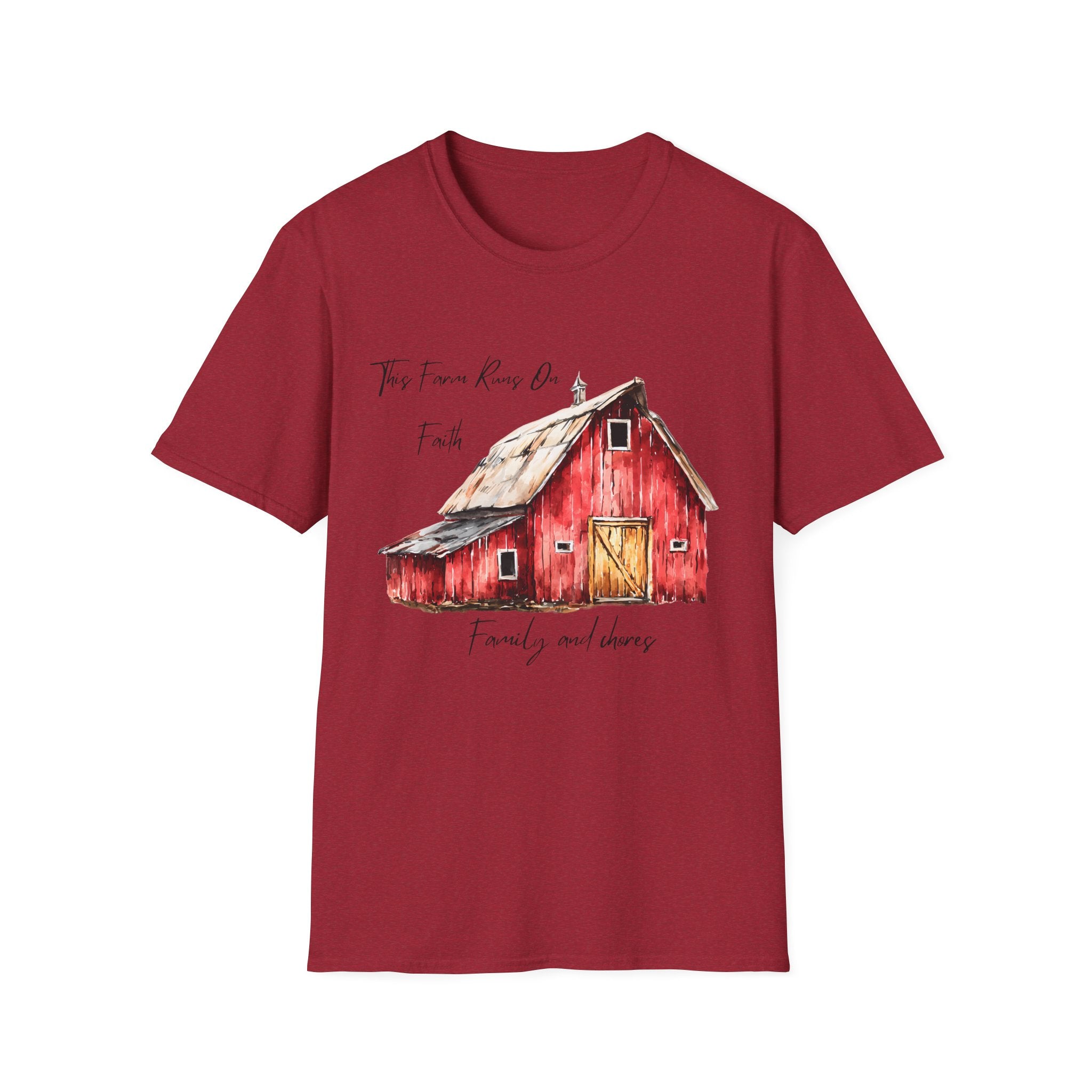 Barn Farm T-Shirt — 'Farm runs on Faith, Family, and chores! Rustic Family Farm Tee