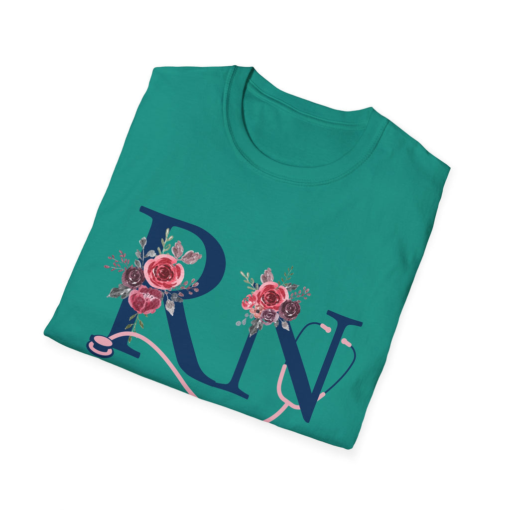 Registered Nurse Monogram Floral T-Shirt — Elegant Rose Initial RN