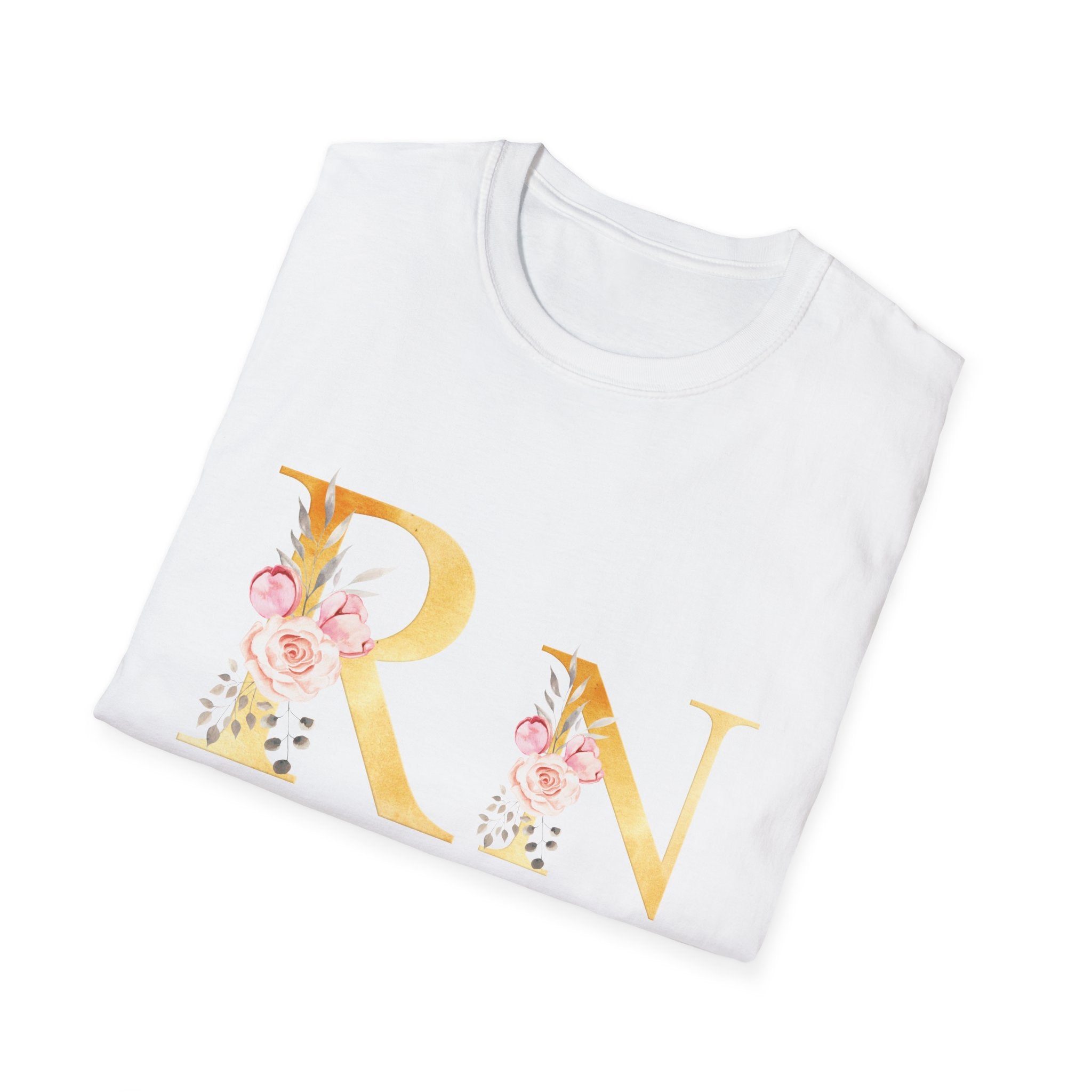 Registered Nurse Floral Monogram T-Shirt — Gold Lettering with Pink Roses