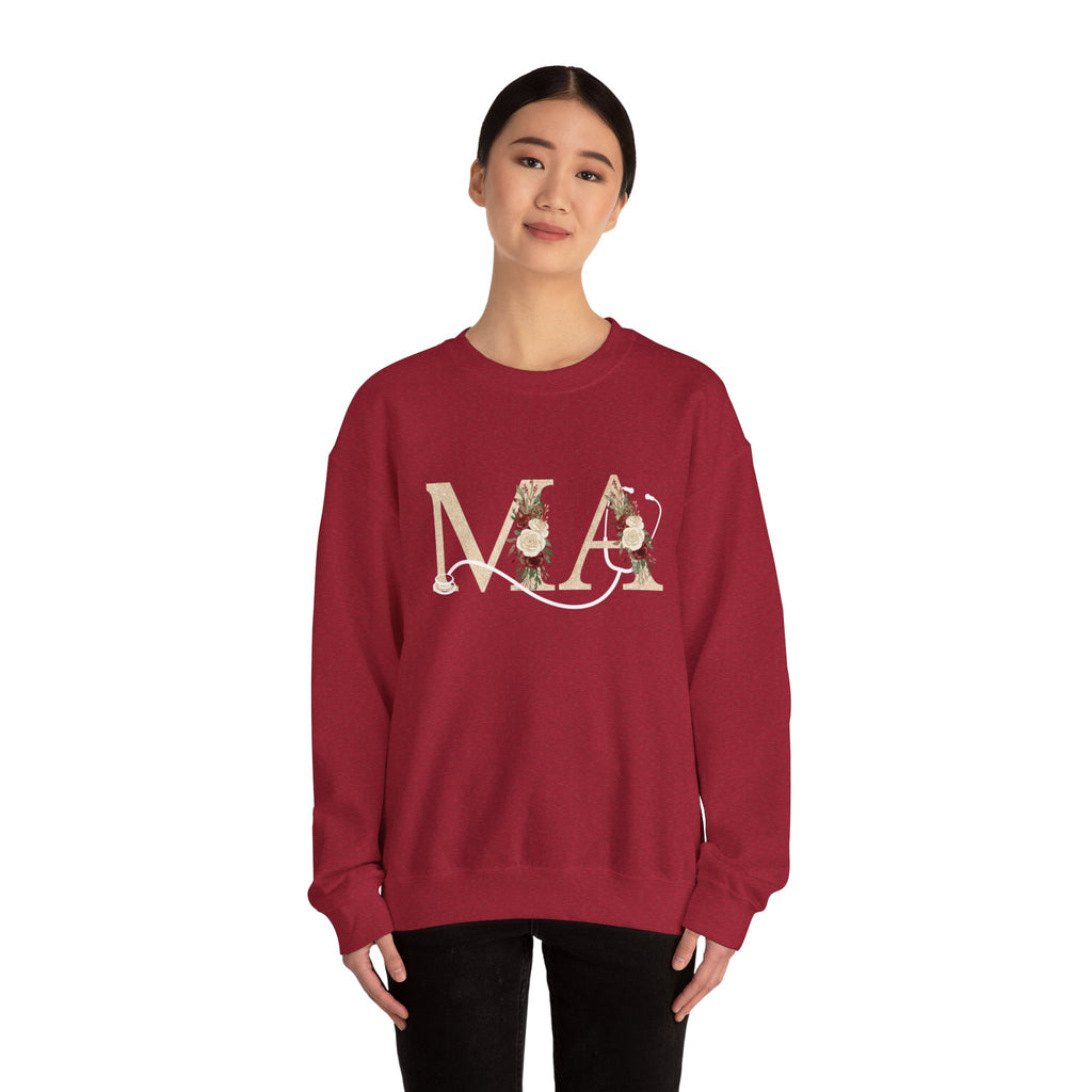 Medical Assistant Floral Initials Crewneck Sweatshirt — Monogram 'MA' Floral Design