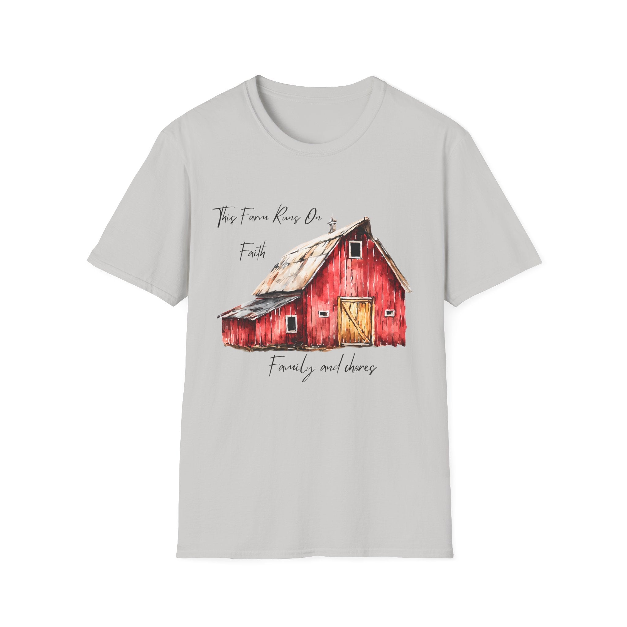 Barn Farm T-Shirt — 'Farm runs on Faith, Family, and chores! Rustic Family Farm Tee