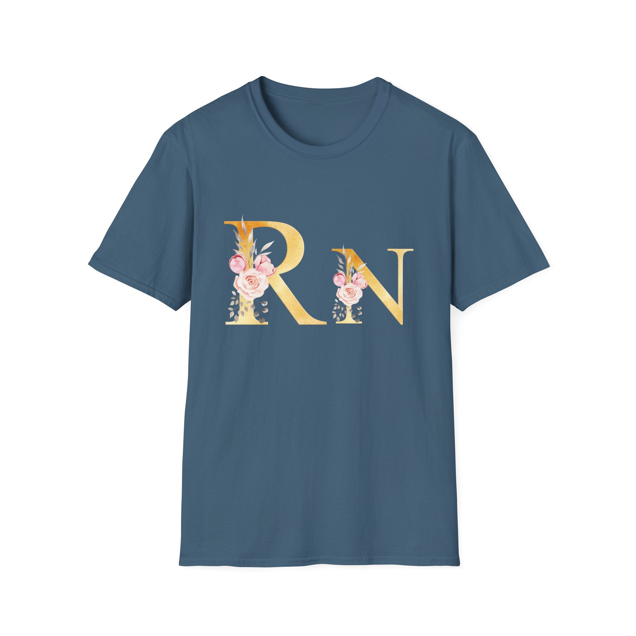 Registered Nurse Floral Monogram T-Shirt — Gold Lettering with Pink Roses