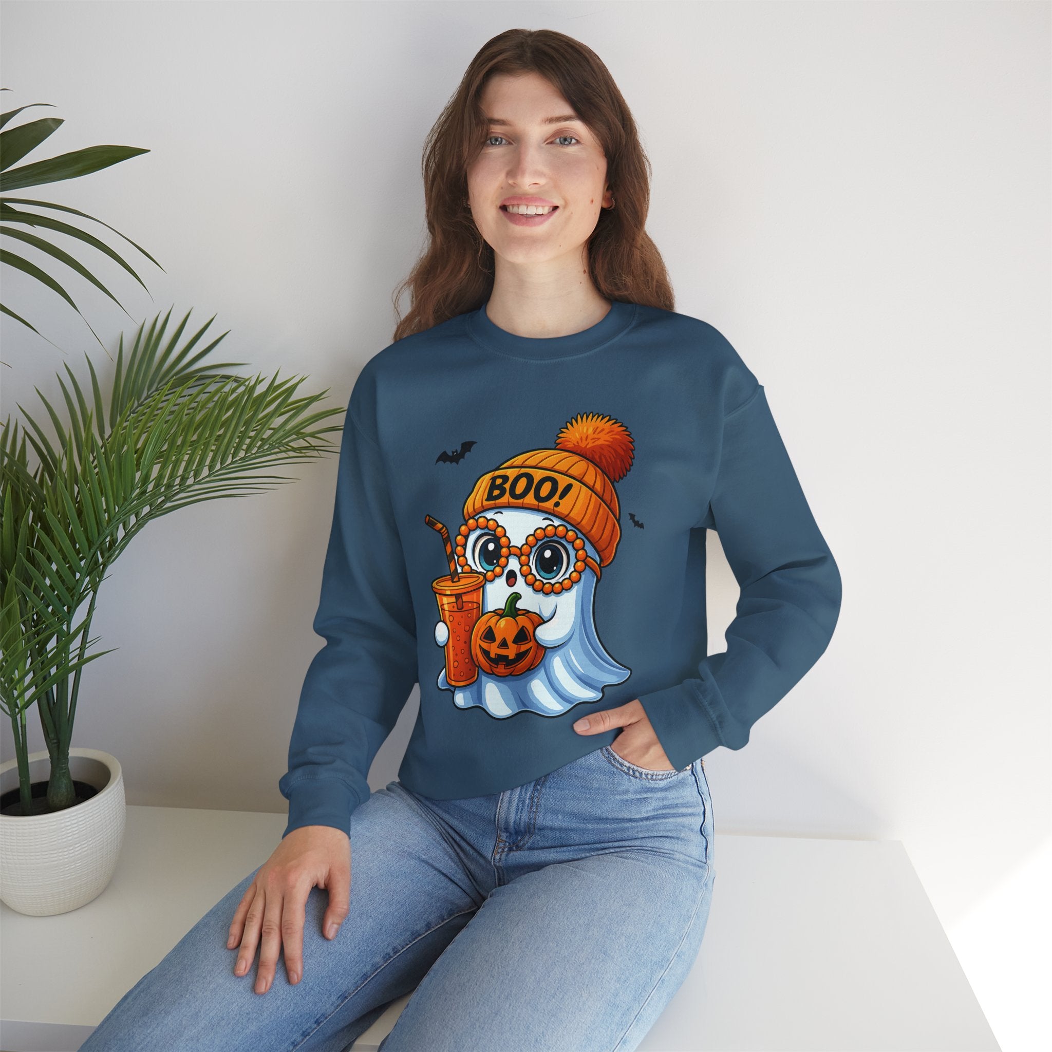 Halloween Ghost Crewneck Sweatshirt — "Boo!" Pumpkin & Candy Drink Design