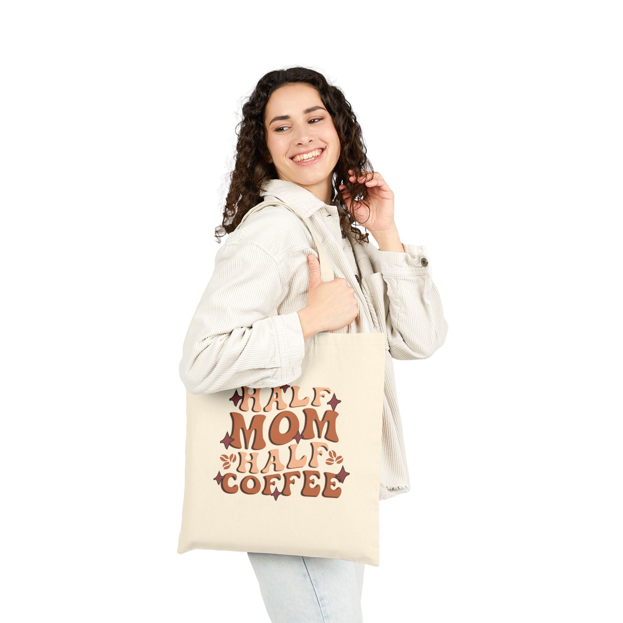 Tote Bag — "Half Mom Half Coffee" Retro Floral Canvas Tote