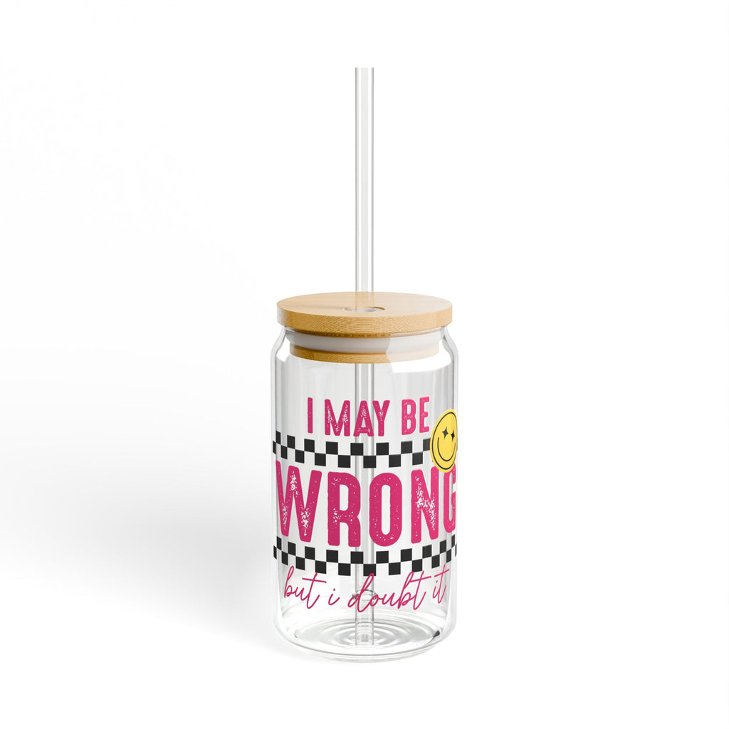 Sipper Glass — “I May Be Wrong (But I Doubt It)” Pink Checker Smile Can-Style Tumbler, 16oz