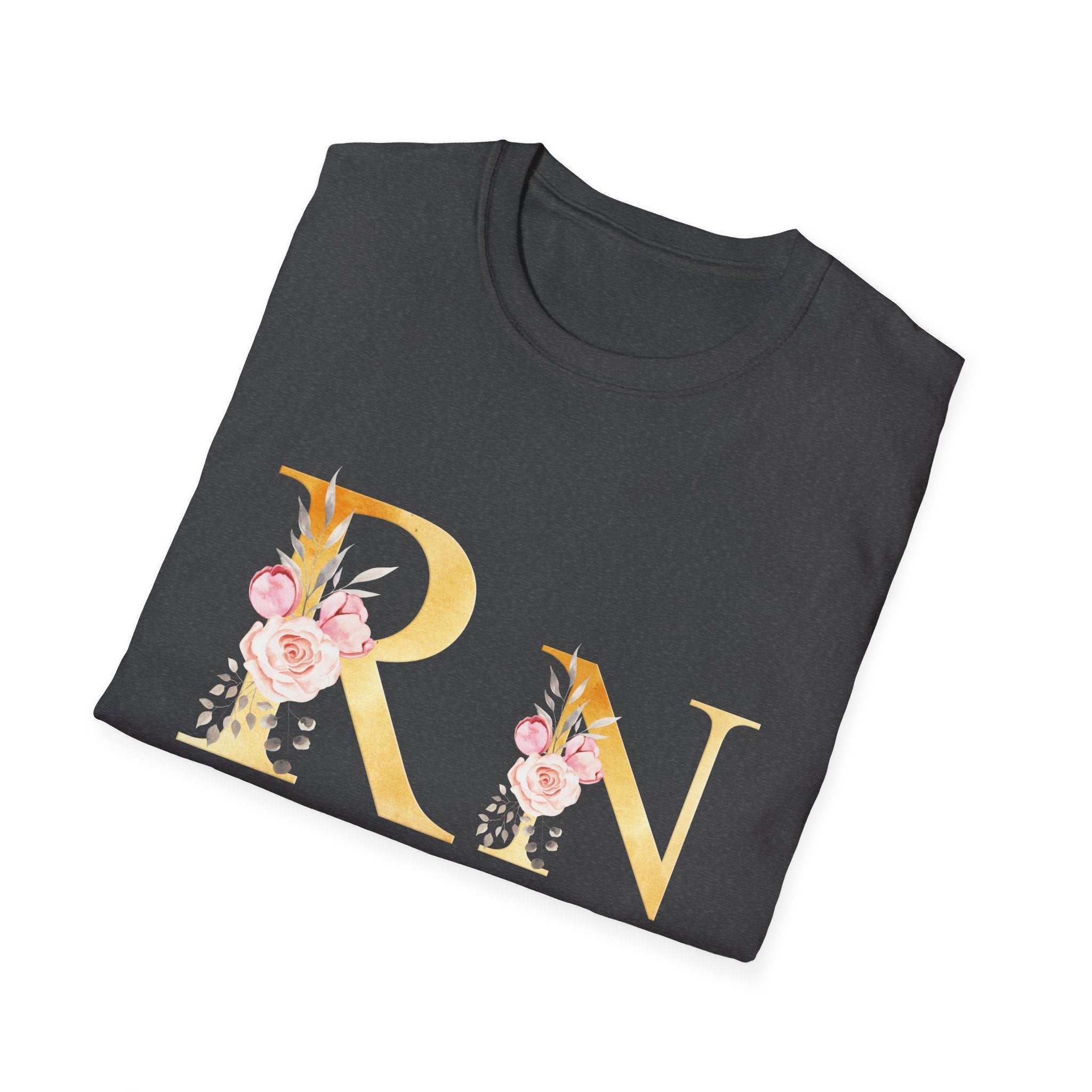 Registered Nurse Floral Monogram T-Shirt — Gold Lettering with Pink Roses