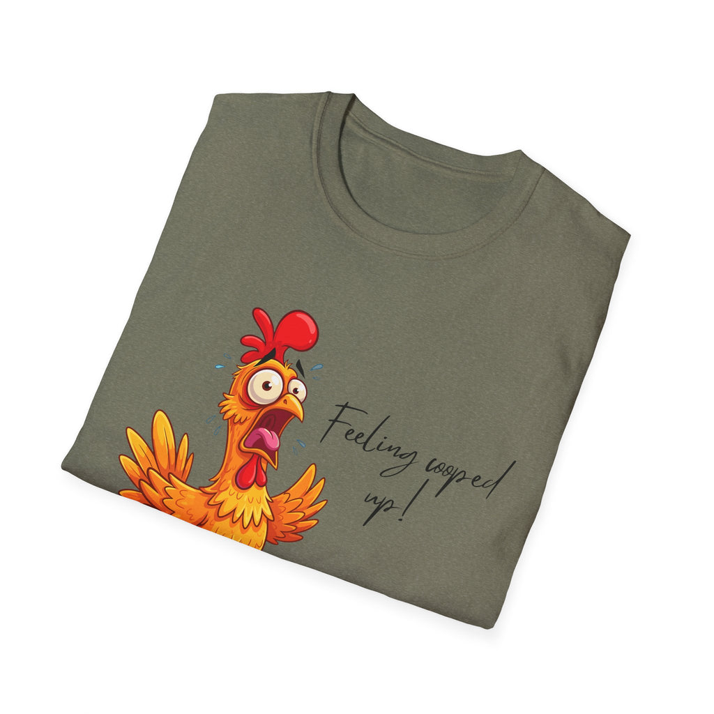 Chicken Cartoon T-Shirt — "Feeling cooped up?" Funny Farm Animal Tee