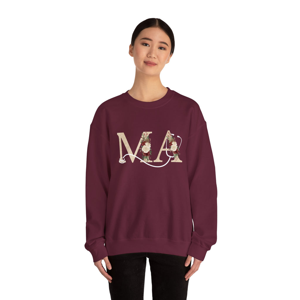 Medical Assistant Floral Initials Crewneck Sweatshirt — Monogram 'MA' Floral Design