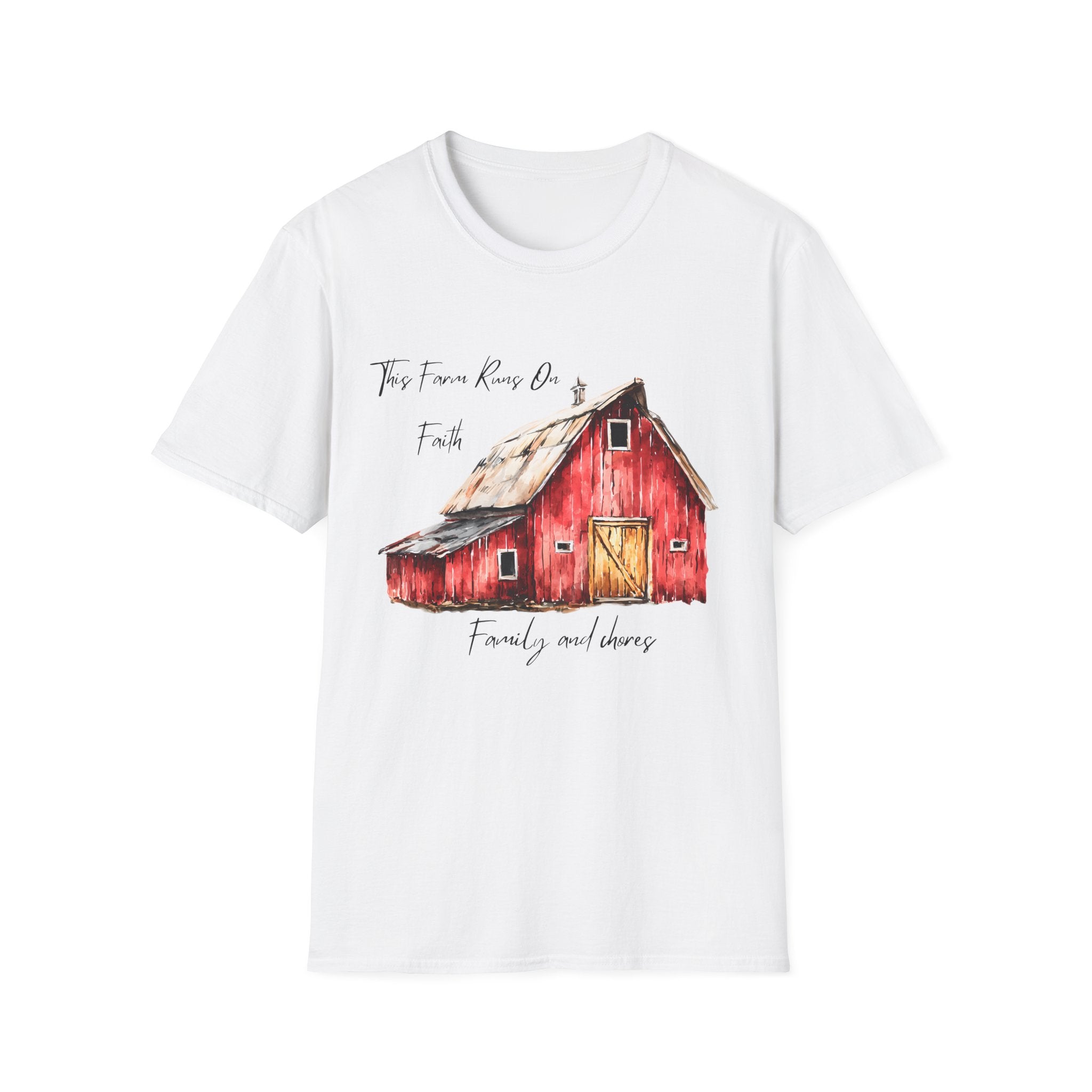 Barn Farm T-Shirt — 'Farm runs on Faith, Family, and chores! Rustic Family Farm Tee