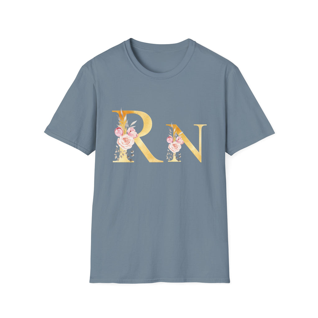 Registered Nurse Floral Monogram T-Shirt — Gold Lettering with Pink Roses