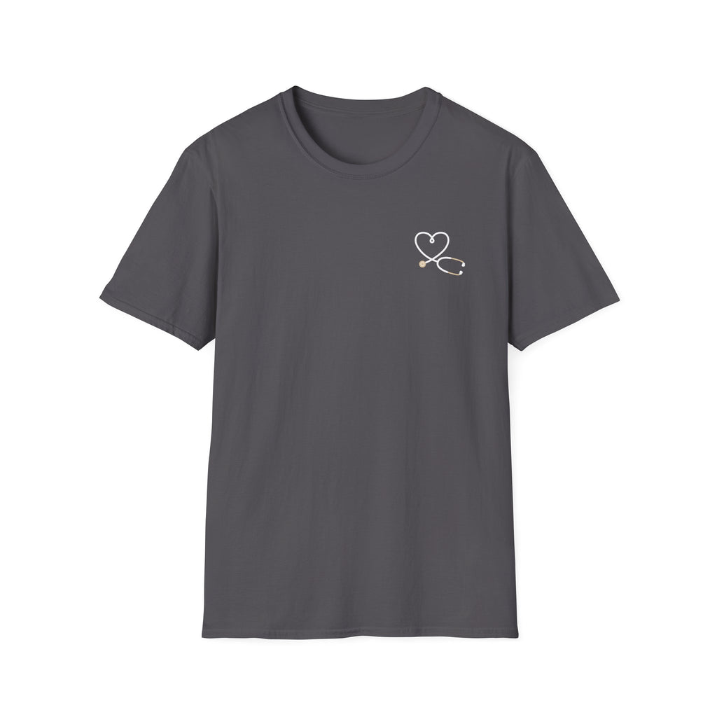 Medical assistant T-Shirt - dark- back print— Heart Stethoscope Chest Accent