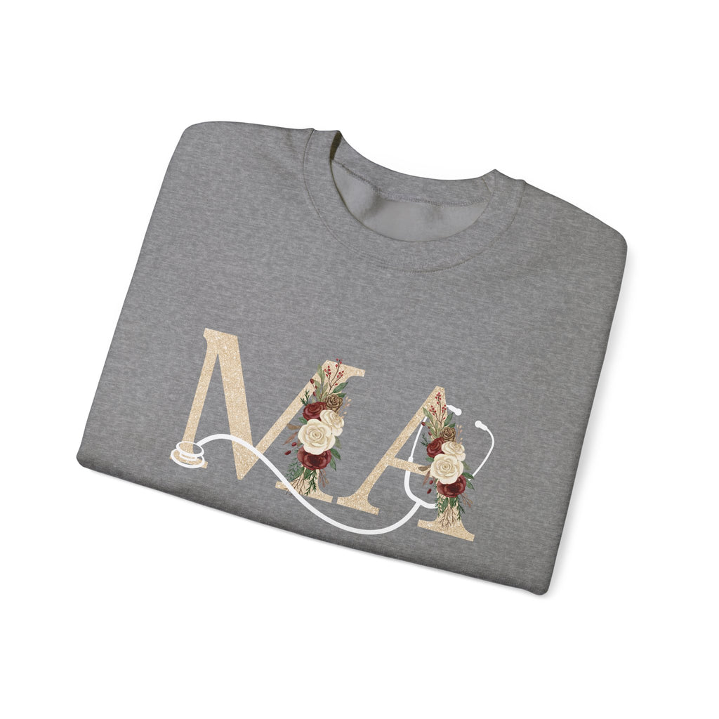 Medical Assistant Floral Initials Crewneck Sweatshirt — Monogram 'MA' Floral Design