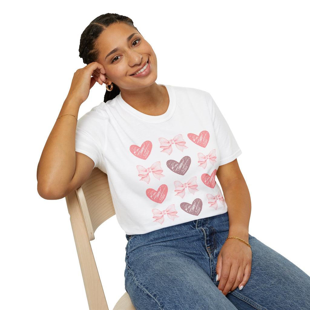 Heart & Bow Pattern T-Shirt — Pink Valentine Graphic Tee