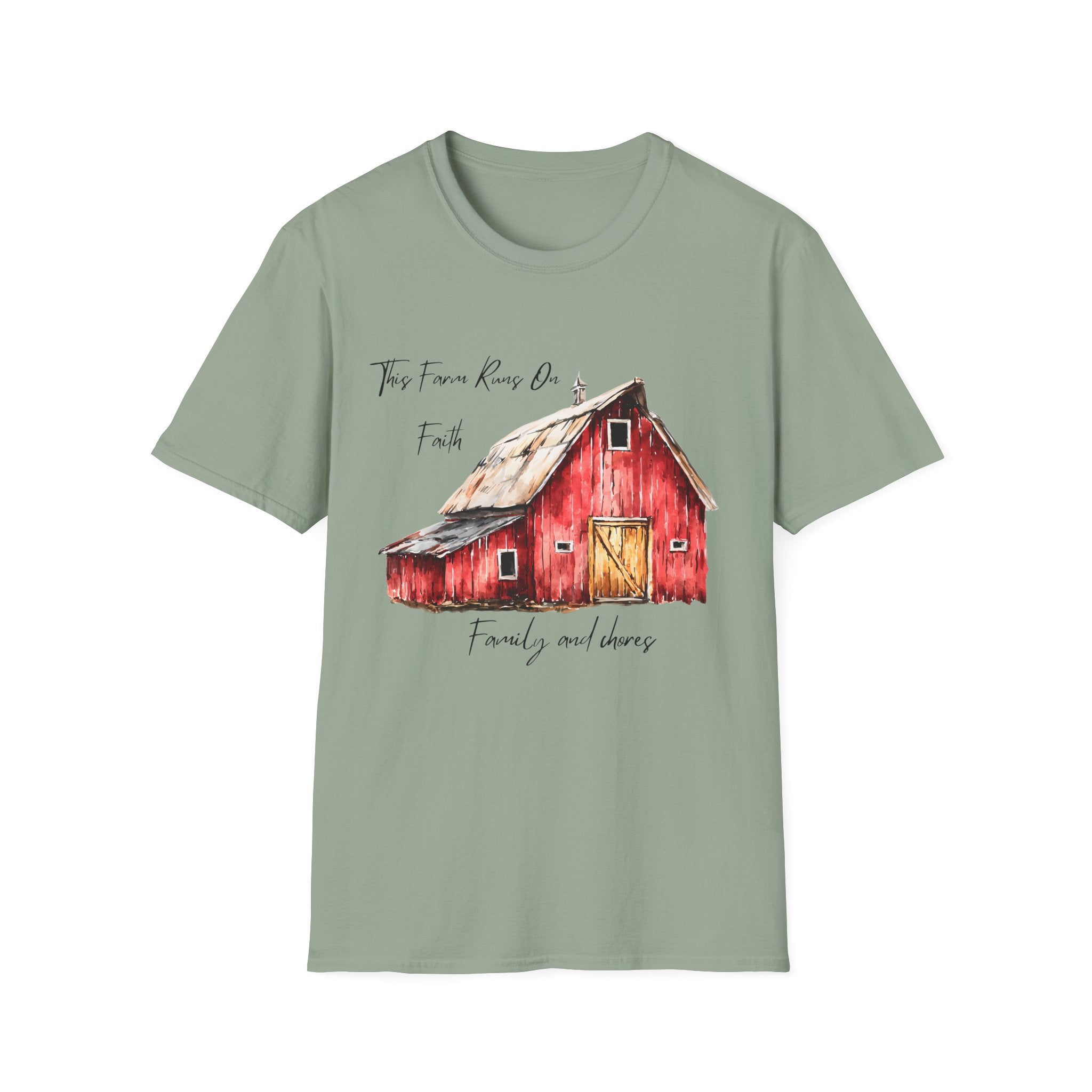 Barn Farm T-Shirt — 'Farm runs on Faith, Family, and chores! Rustic Family Farm Tee