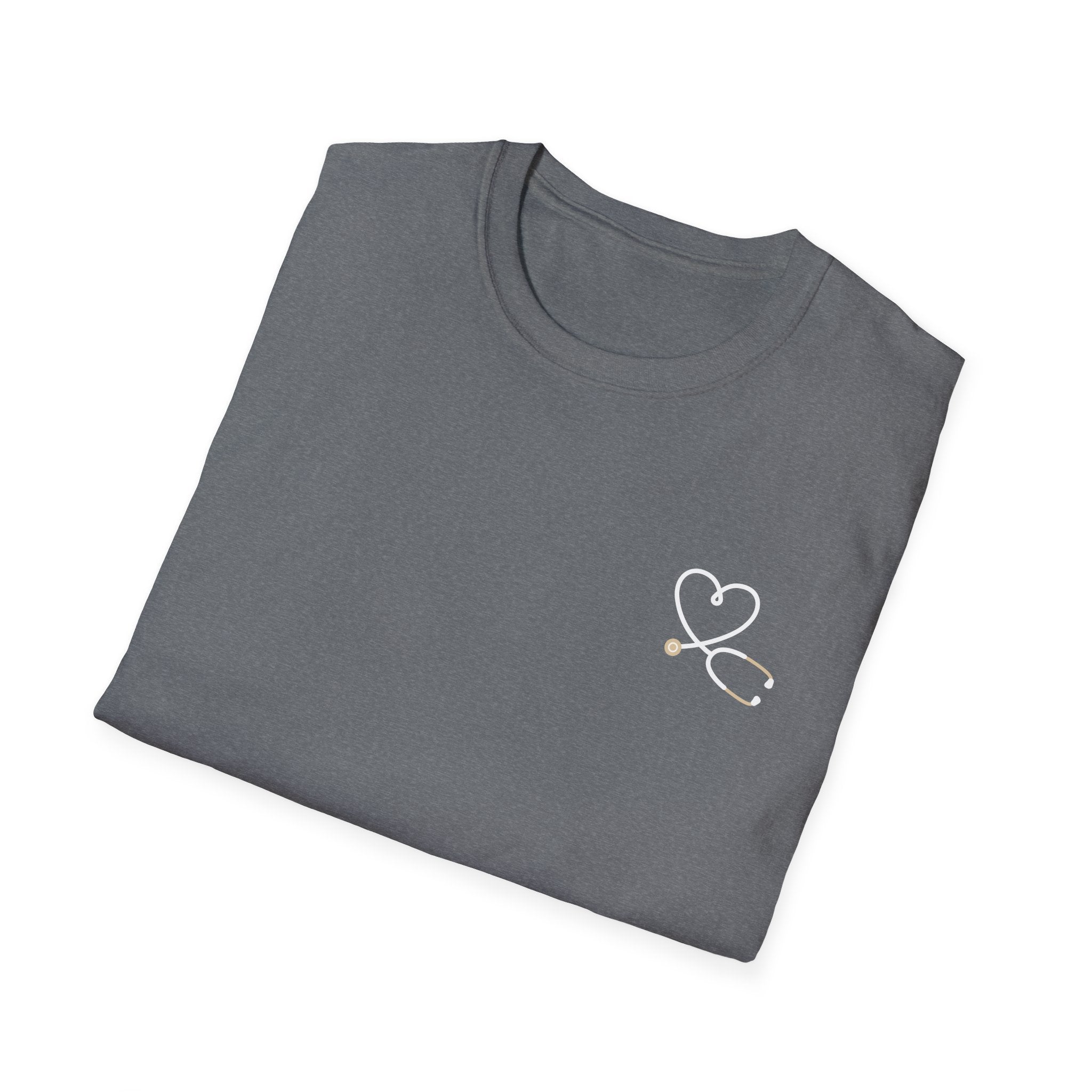Medical assistant T-Shirt - dark- back print— Heart Stethoscope Chest Accent