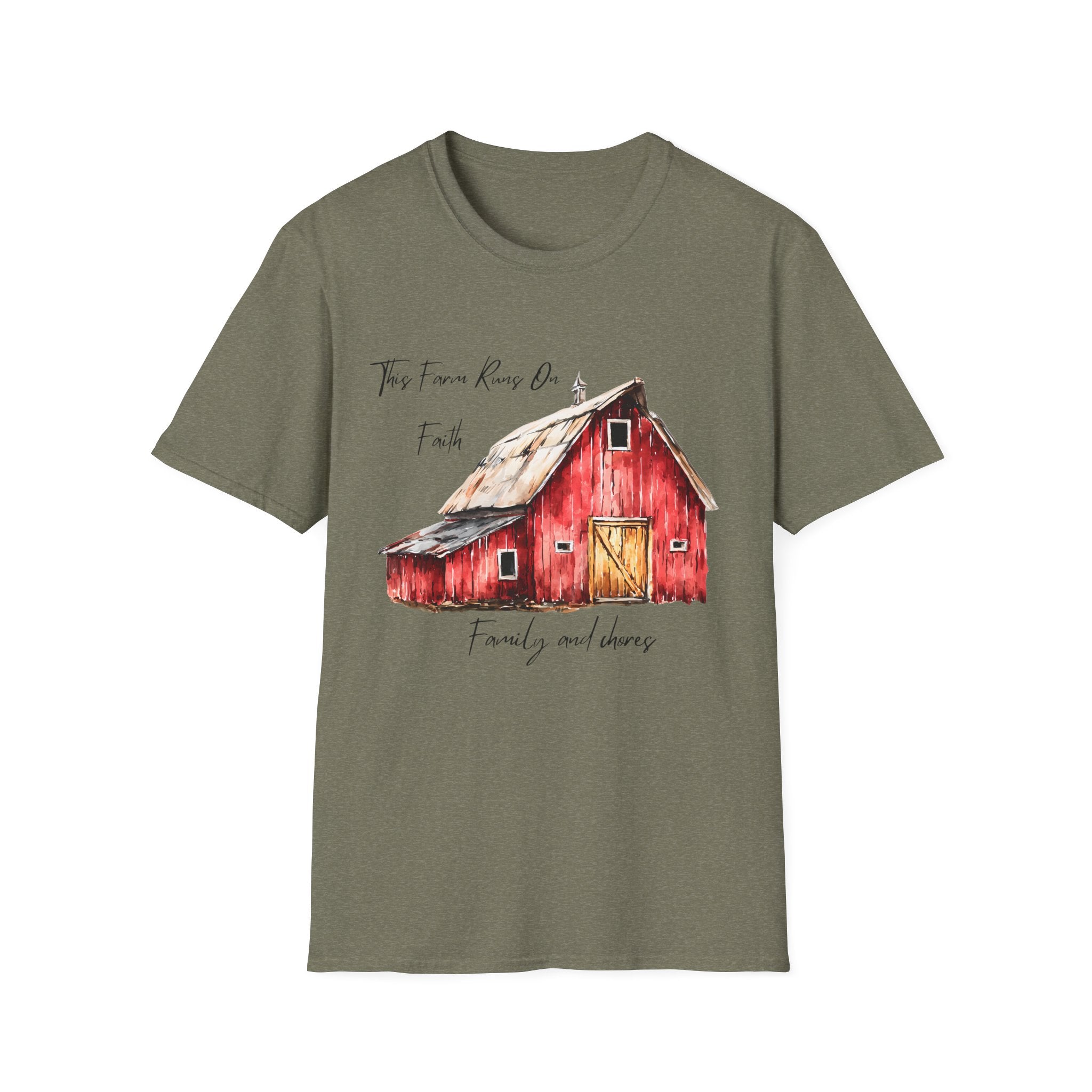 Barn Farm T-Shirt — 'Farm runs on Faith, Family, and chores! Rustic Family Farm Tee