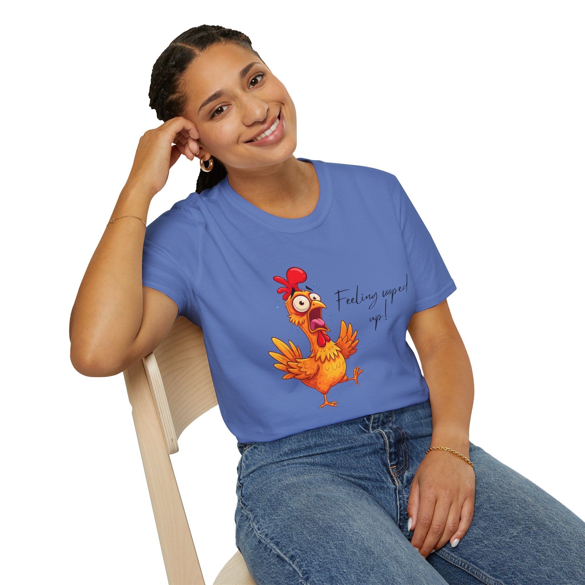 Chicken Cartoon T-Shirt — "Feeling cooped up?" Funny Farm Animal Tee