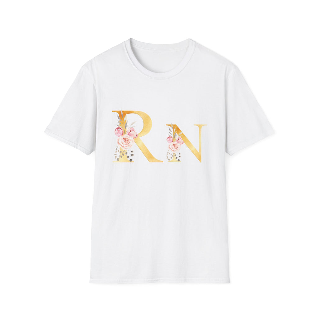 Registered Nurse Floral Monogram T-Shirt — Gold Lettering with Pink Roses