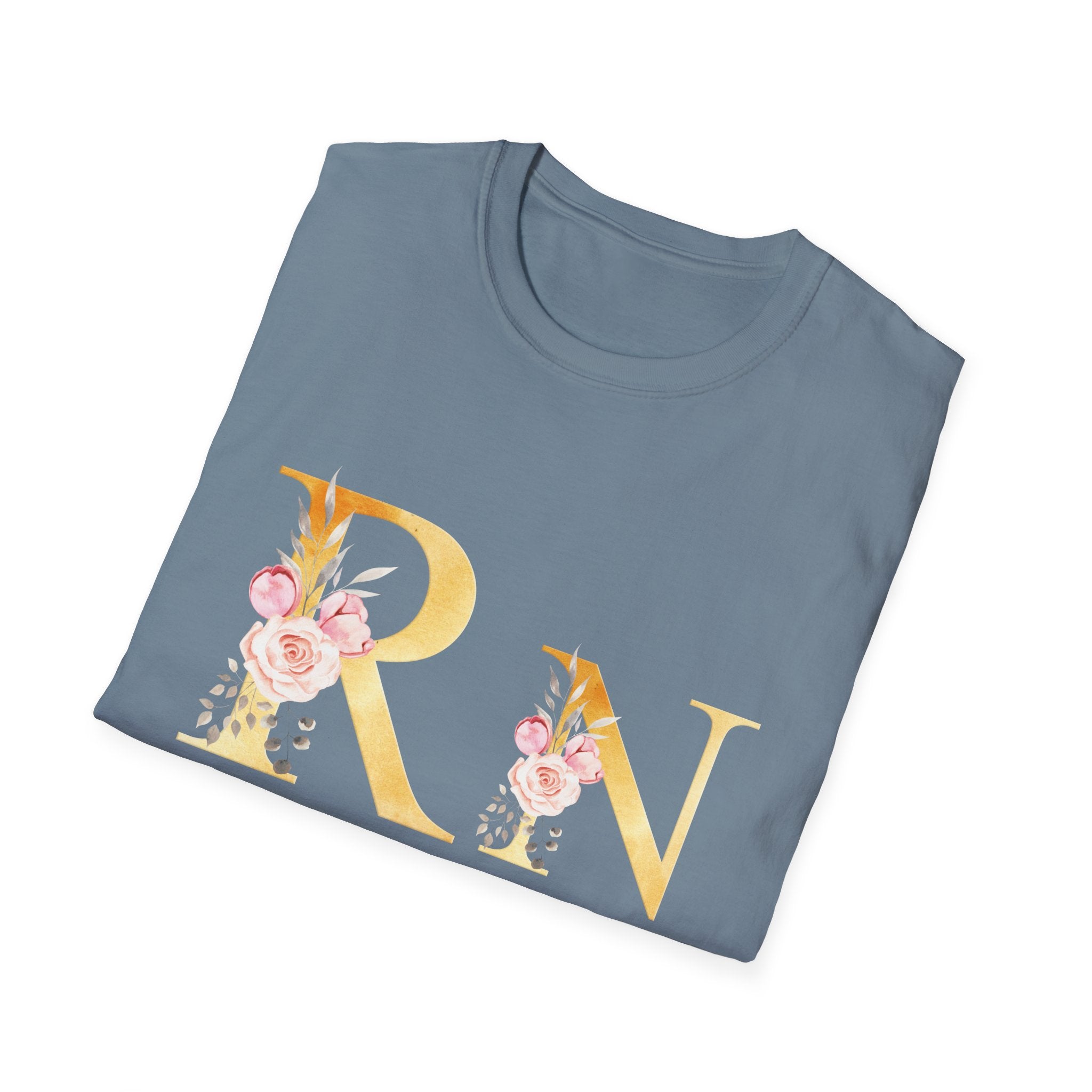 Registered Nurse Floral Monogram T-Shirt — Gold Lettering with Pink Roses