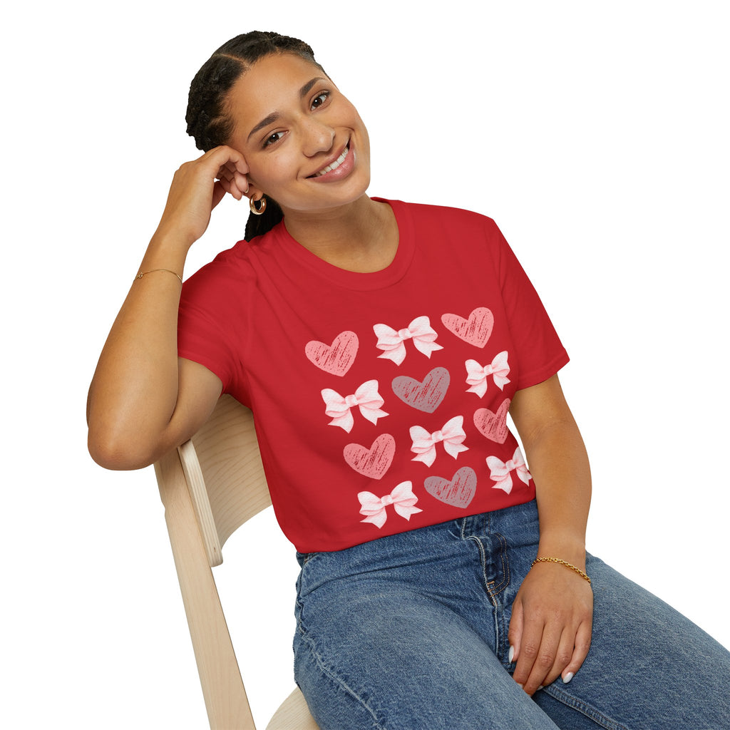 Heart & Bow Pattern T-Shirt — Pink Valentine Graphic Tee