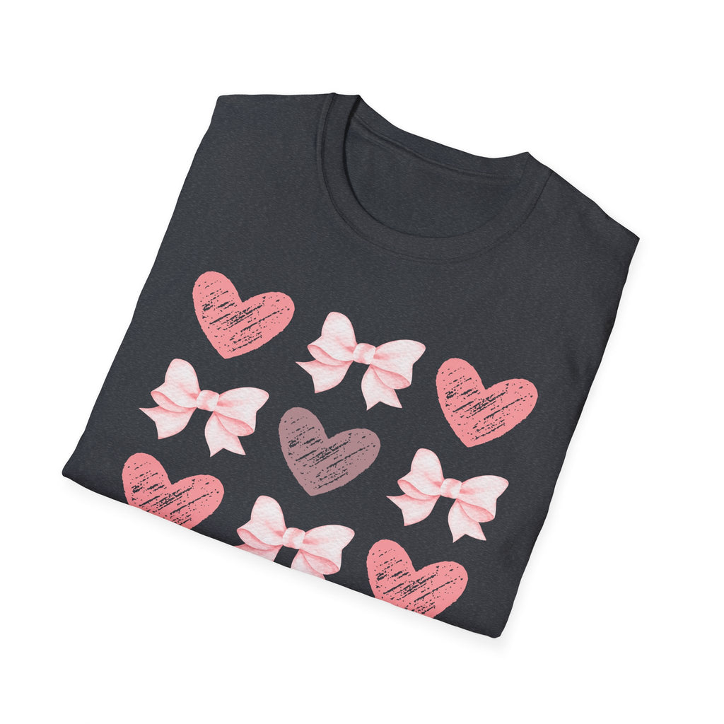 Heart & Bow Pattern T-Shirt — Pink Valentine Graphic Tee