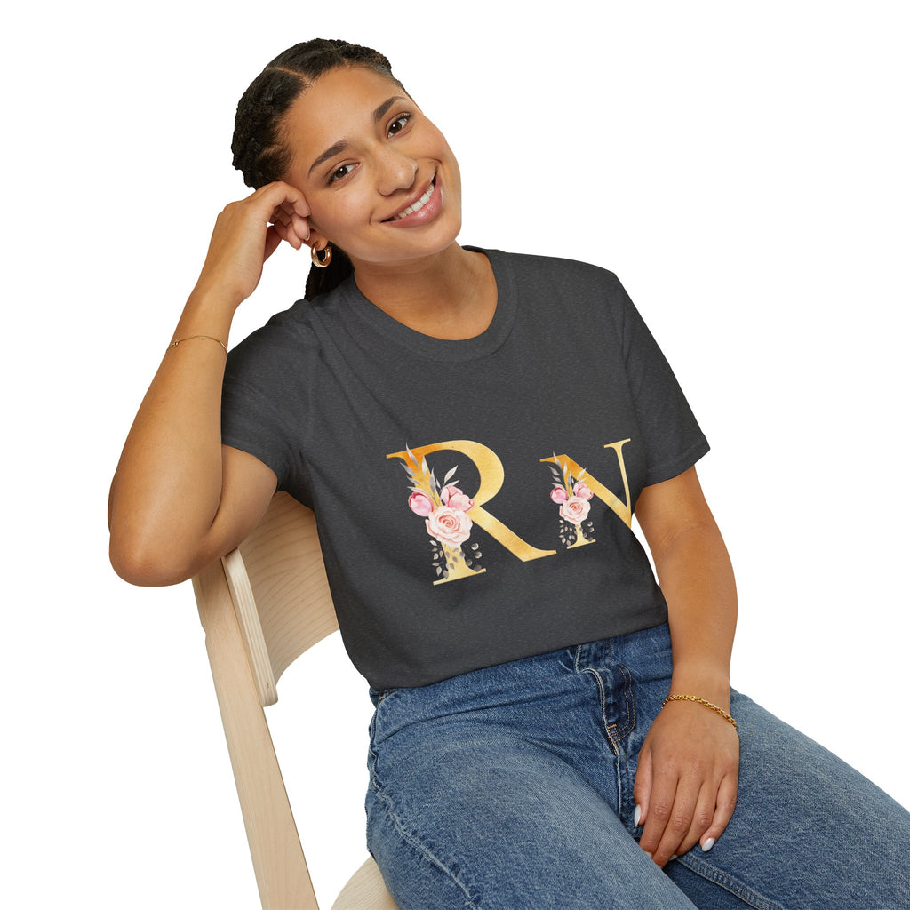 Registered Nurse Floral Monogram T-Shirt — Gold Lettering with Pink Roses