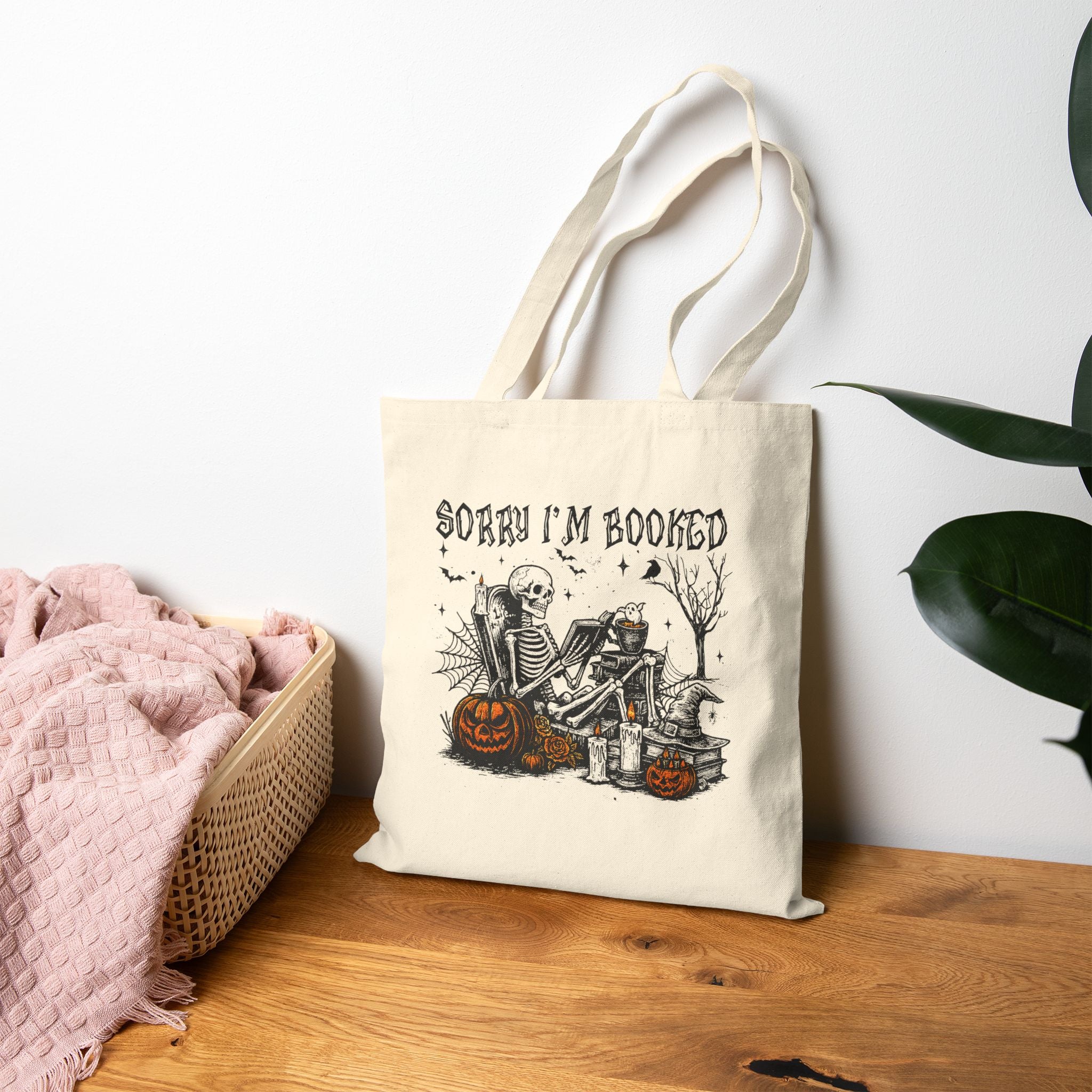 Tote Bag — "Sorry I'm Booked" Halloween Skeleton Reading Canvas Tote