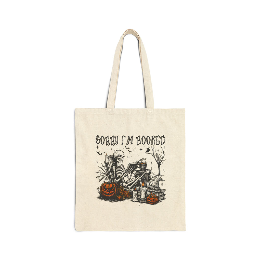 Tote Bag — "Sorry I'm Booked" Halloween Skeleton Reading Canvas Tote
