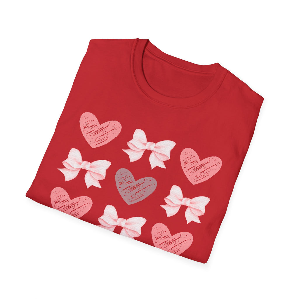 Heart & Bow Pattern T-Shirt — Pink Valentine Graphic Tee