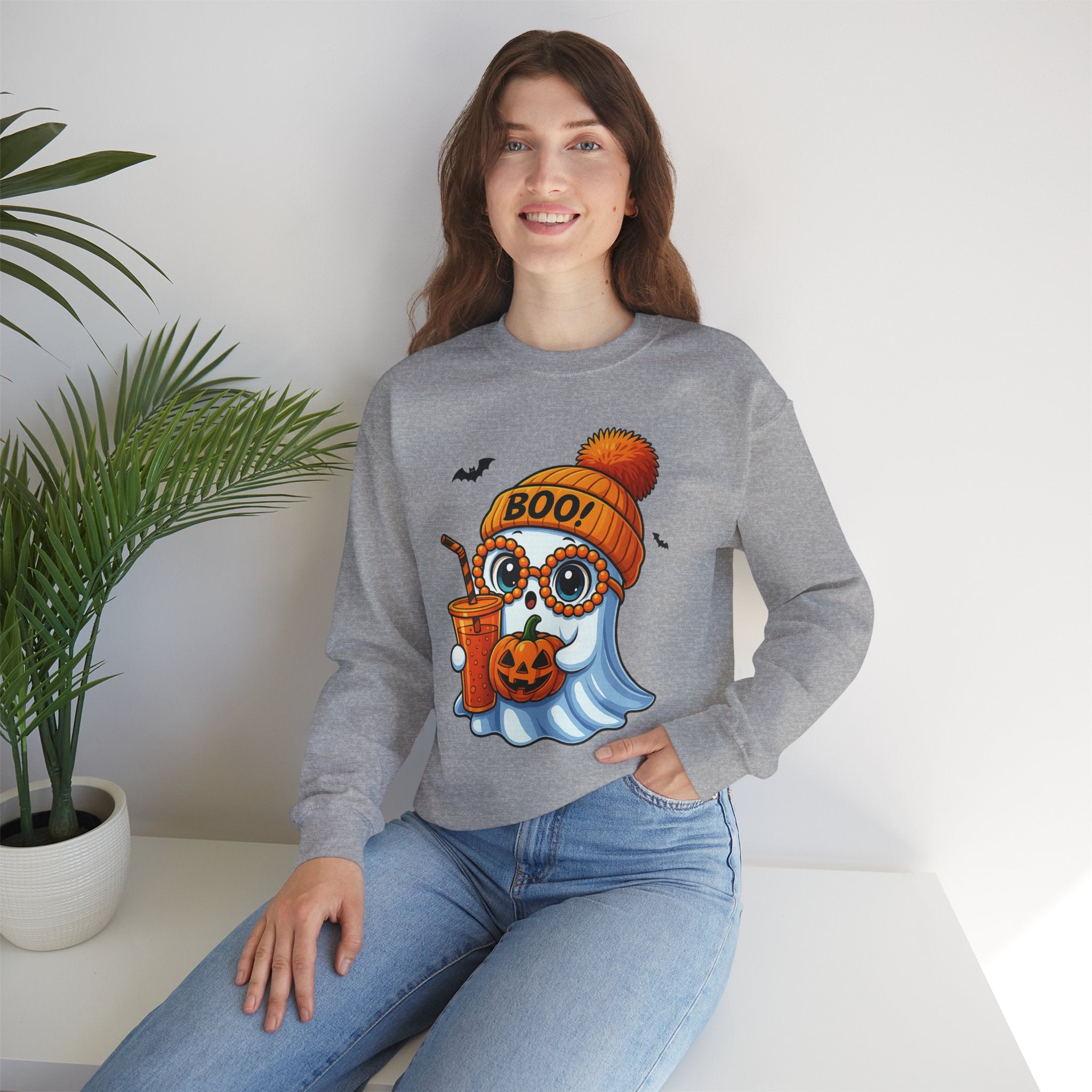 Halloween Ghost Crewneck Sweatshirt — "Boo!" Pumpkin & Candy Drink Design