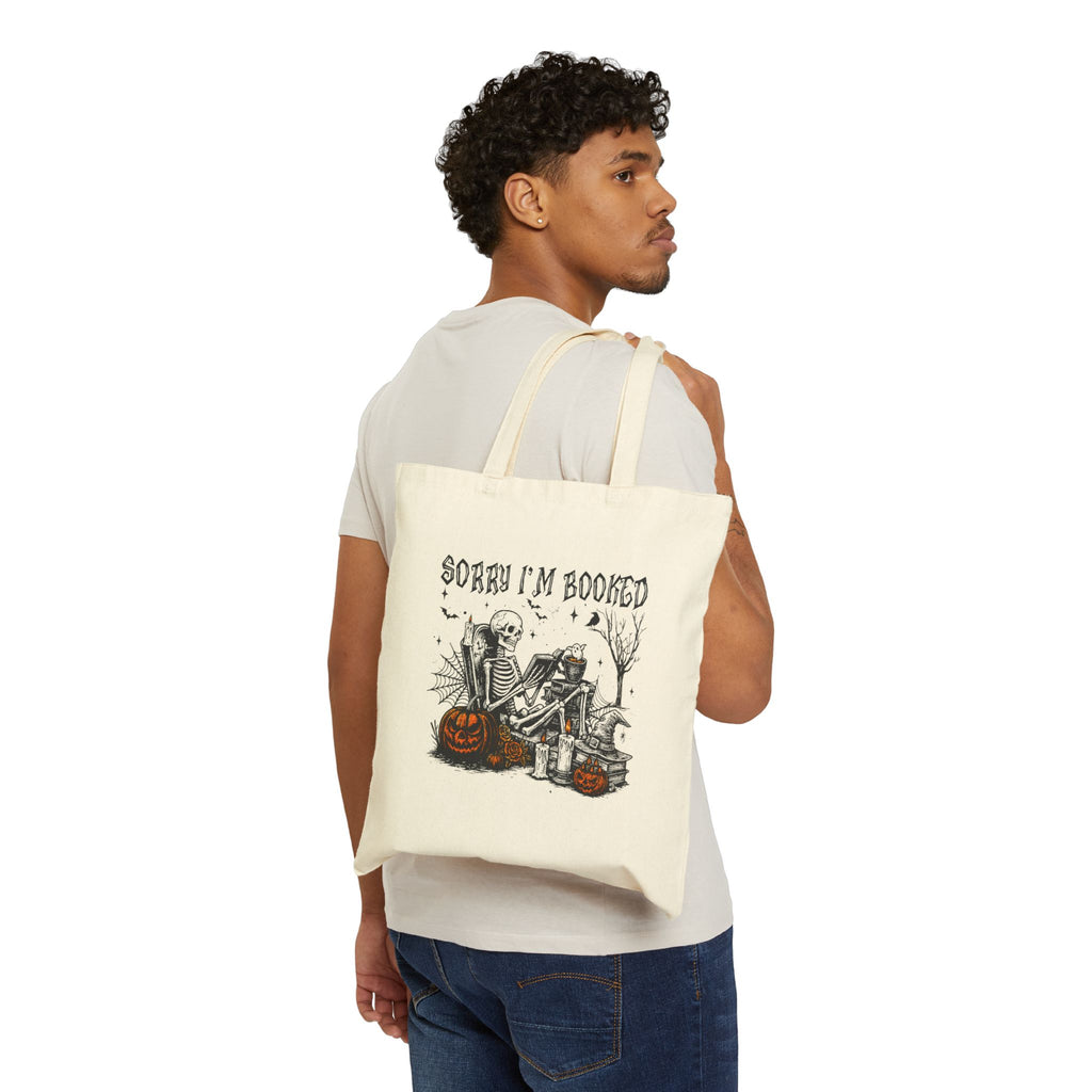 Tote Bag — "Sorry I'm Booked" Halloween Skeleton Reading Canvas Tote