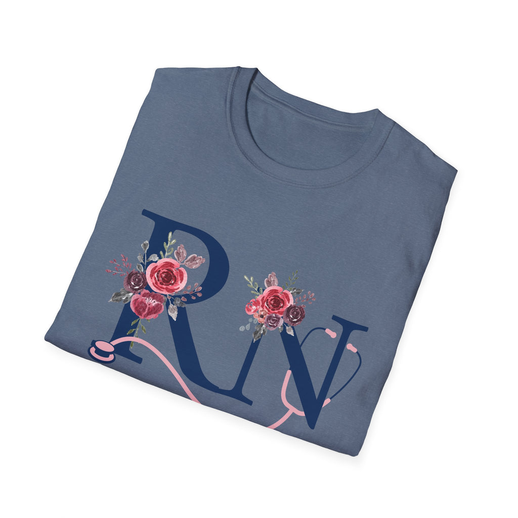 Registered Nurse Monogram Floral T-Shirt — Elegant Rose Initial RN
