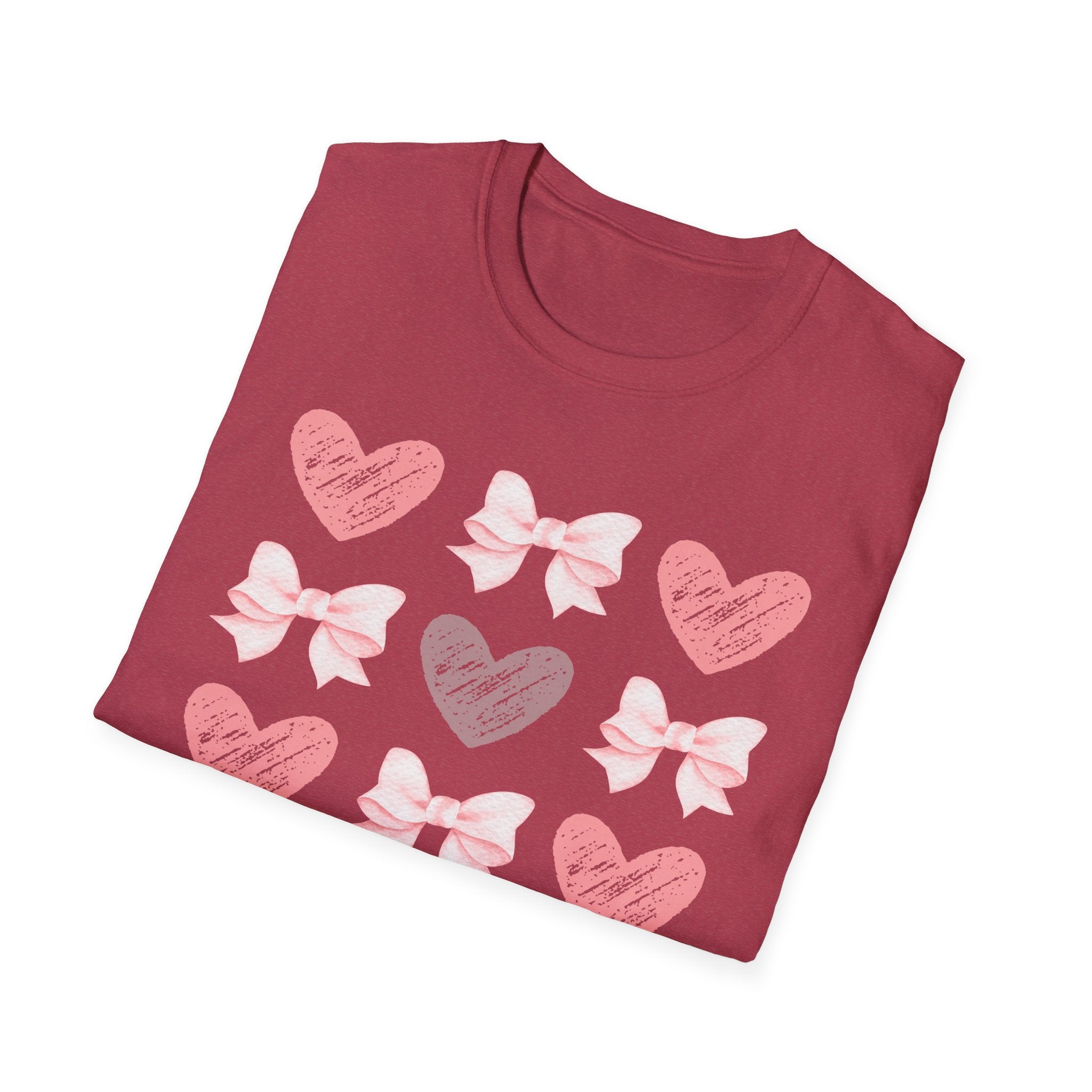 Heart & Bow Pattern T-Shirt — Pink Valentine Graphic Tee
