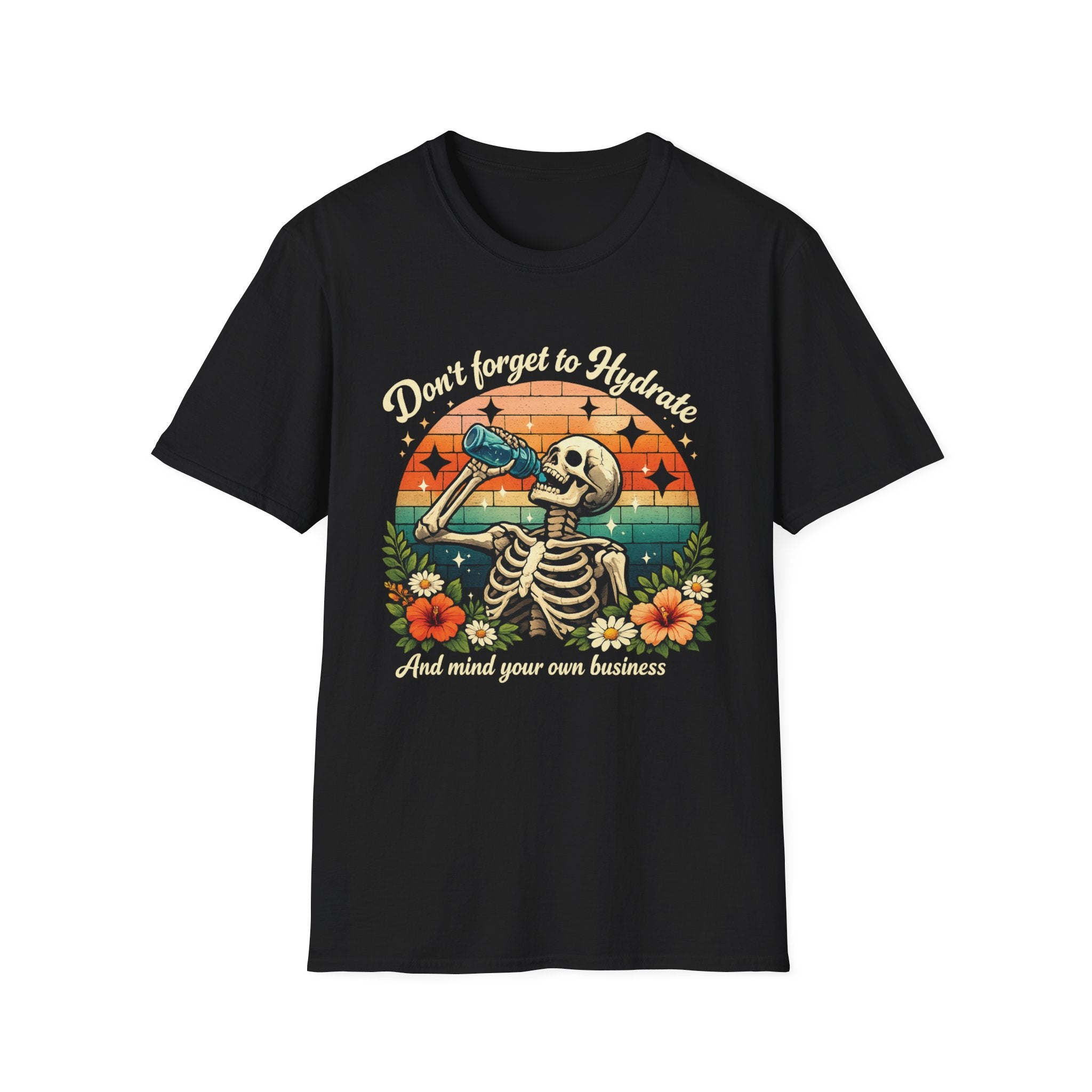 Skeleton Sunset Tee — Retro Skull Drinking Graphic T-Shirt