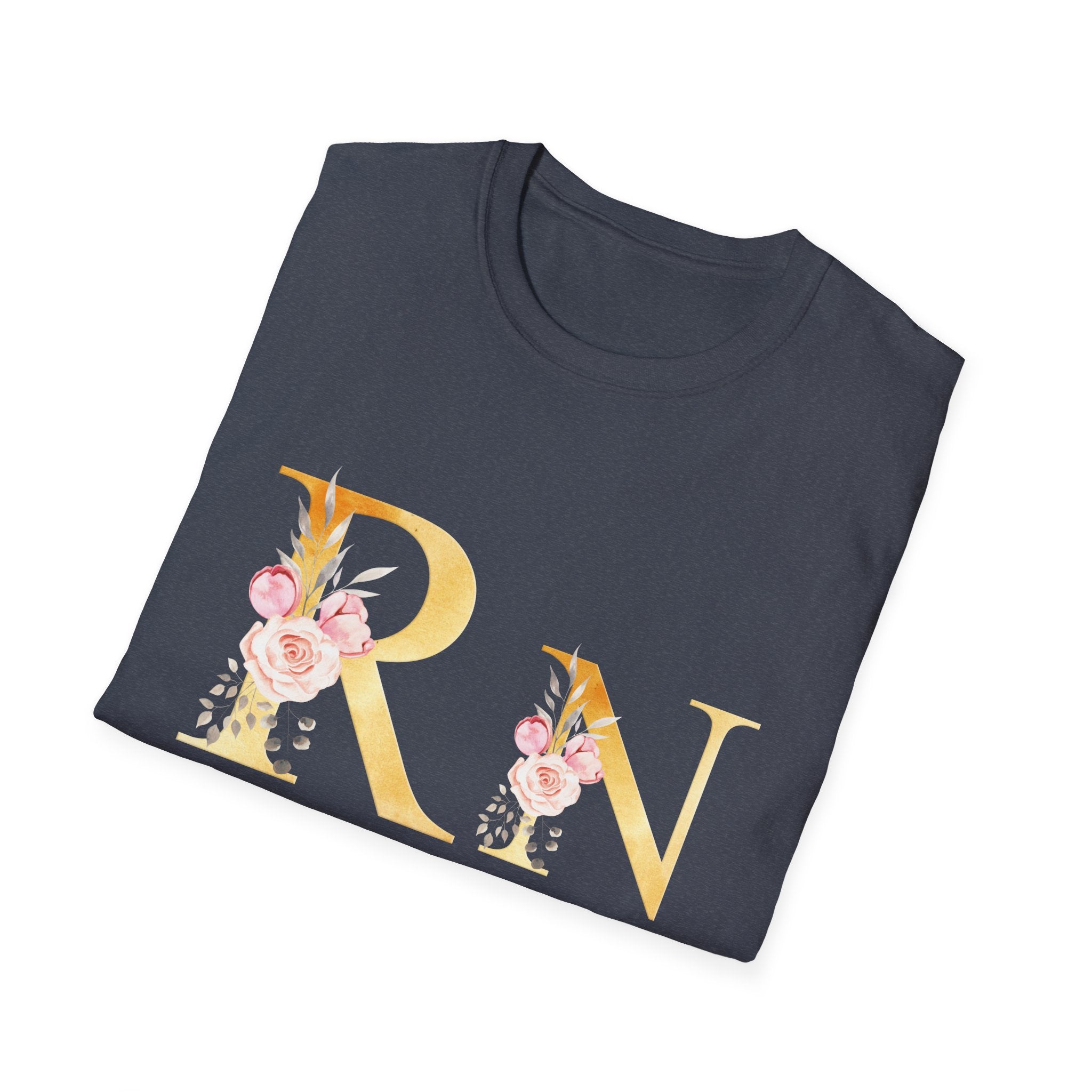 Registered Nurse Floral Monogram T-Shirt — Gold Lettering with Pink Roses