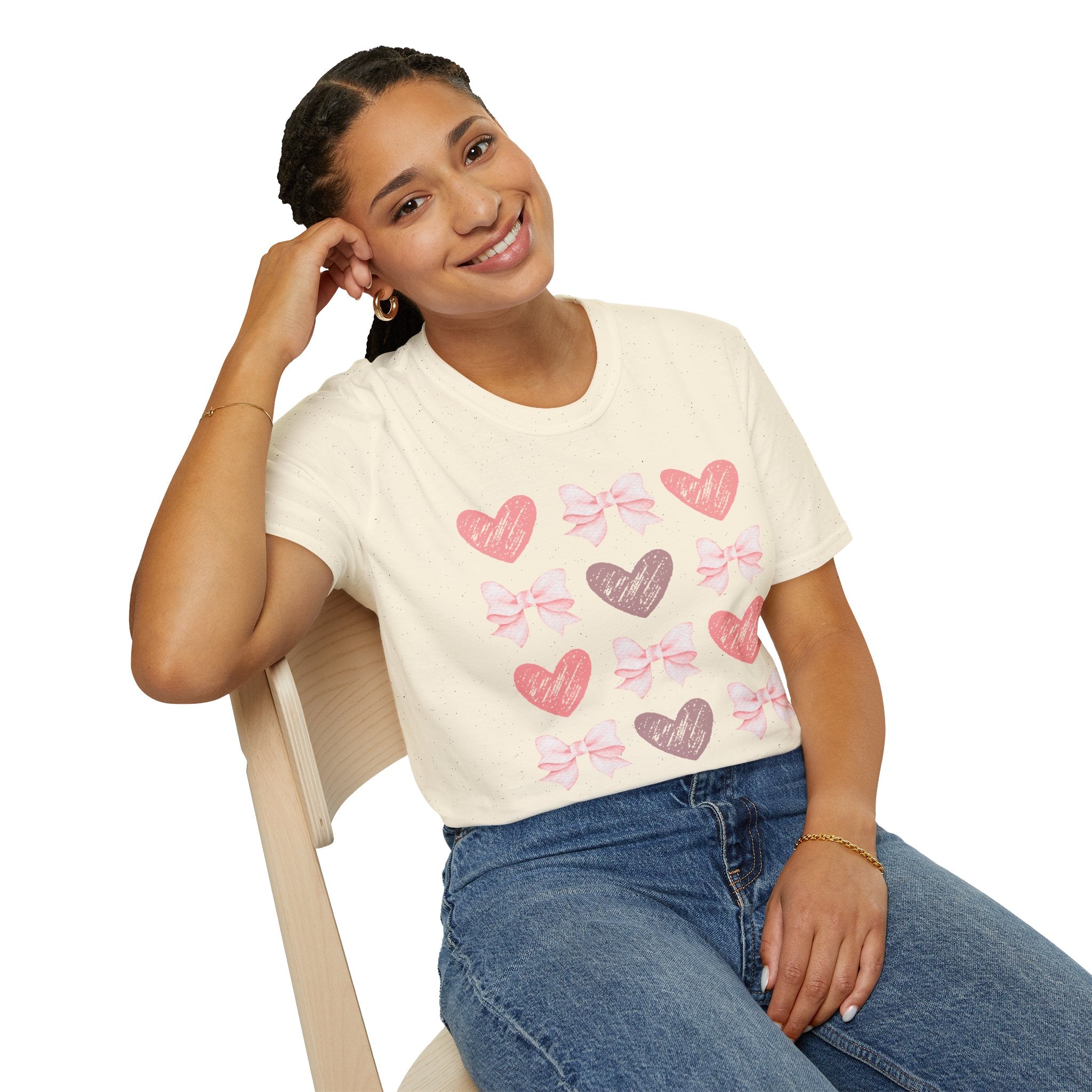 Heart & Bow Pattern T-Shirt — Pink Valentine Graphic Tee
