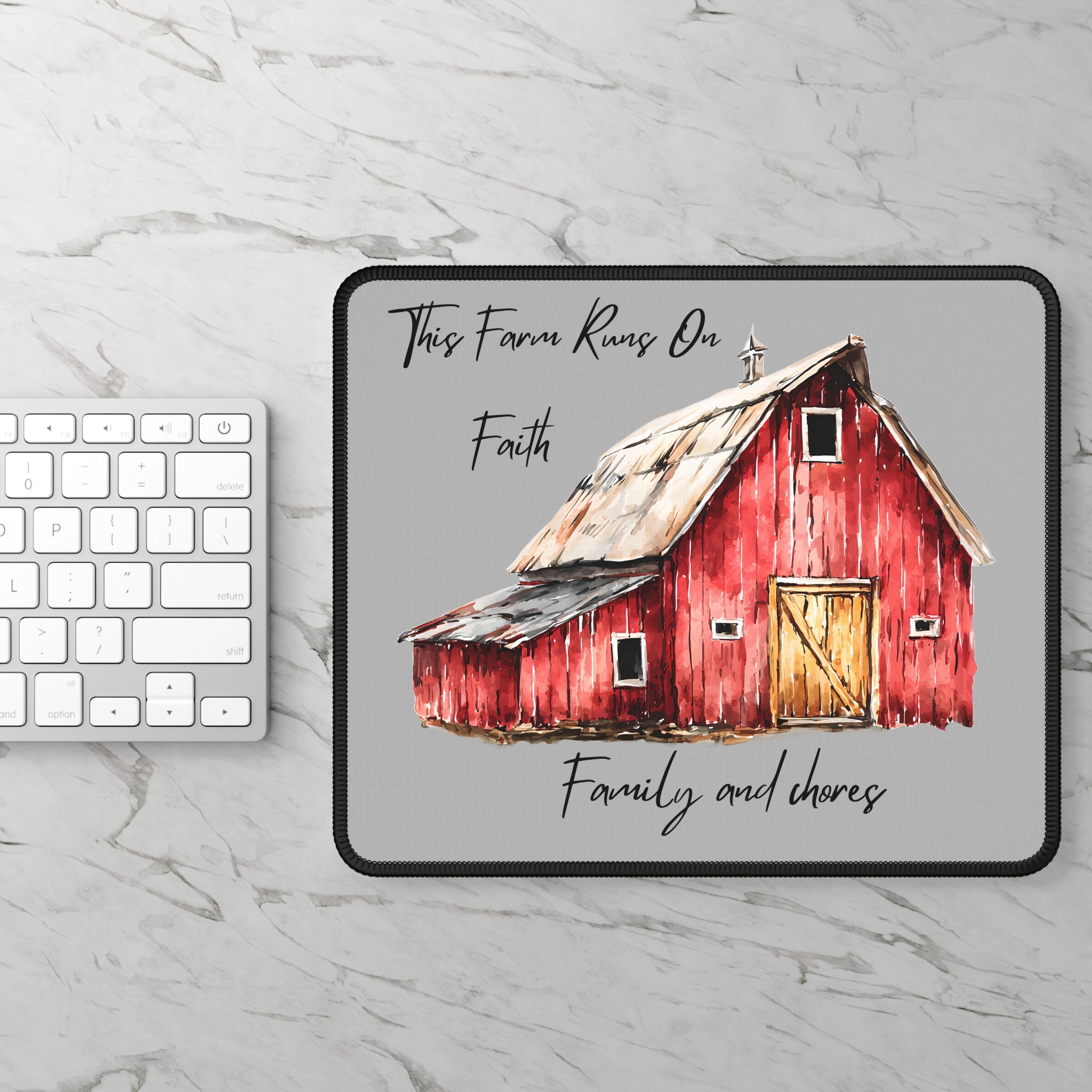 Gaming Mouse Pad — 'This Farm Runs On Faith, Family and Chores' Rustic Barn Desk Mat