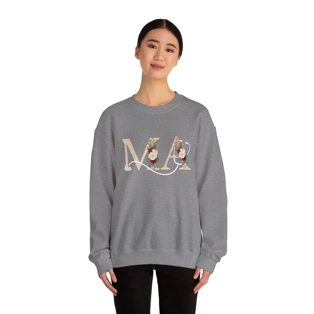 Medical Assistant Floral Initials Crewneck Sweatshirt — Monogram 'MA' Floral Design