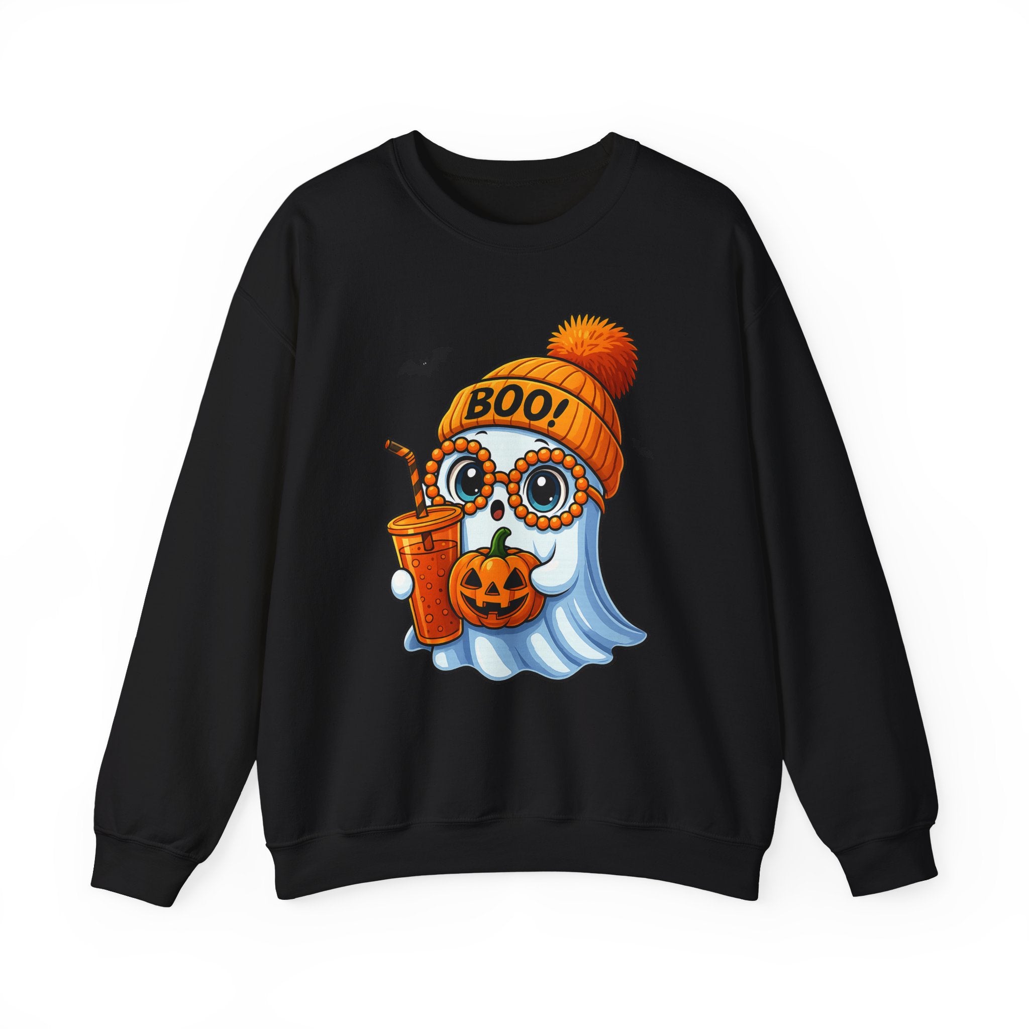 Halloween Ghost Crewneck Sweatshirt — "Boo!" Pumpkin & Candy Drink Design