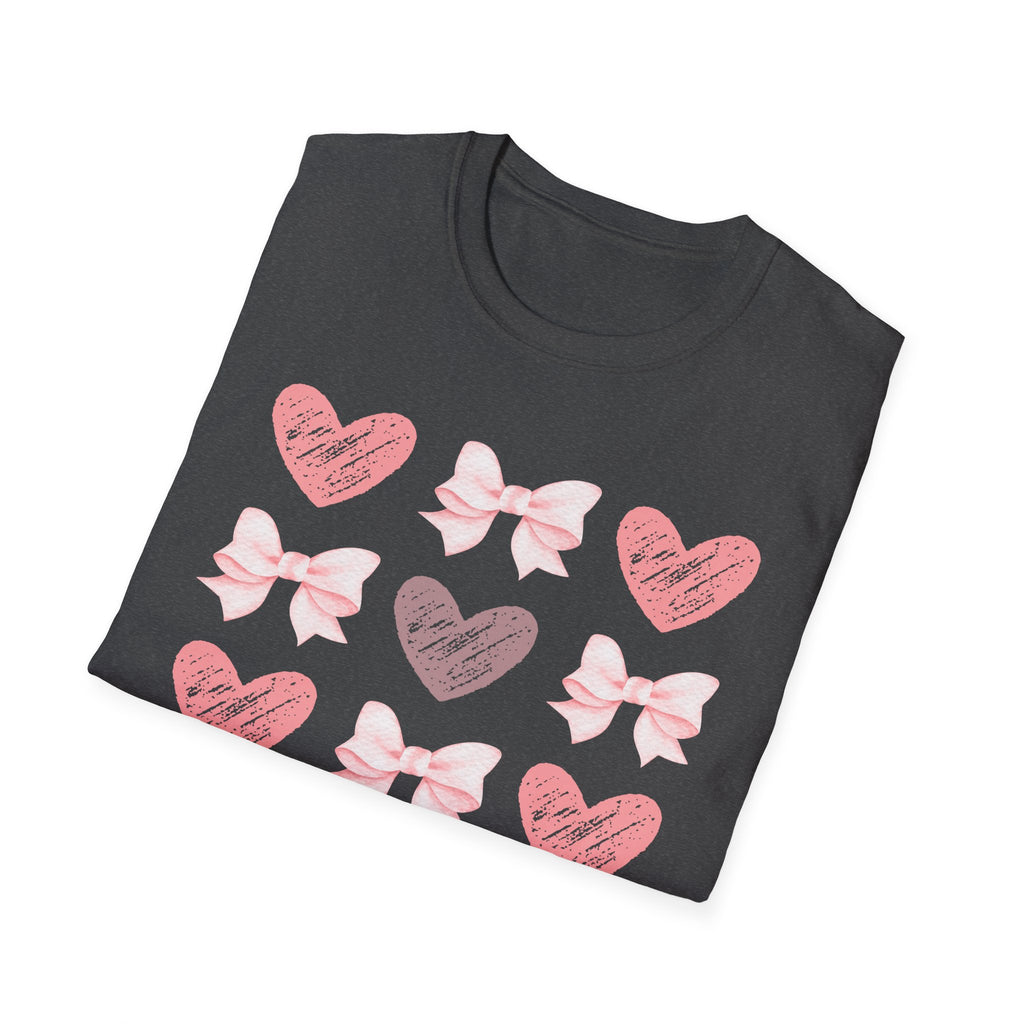Heart & Bow Pattern T-Shirt — Pink Valentine Graphic Tee