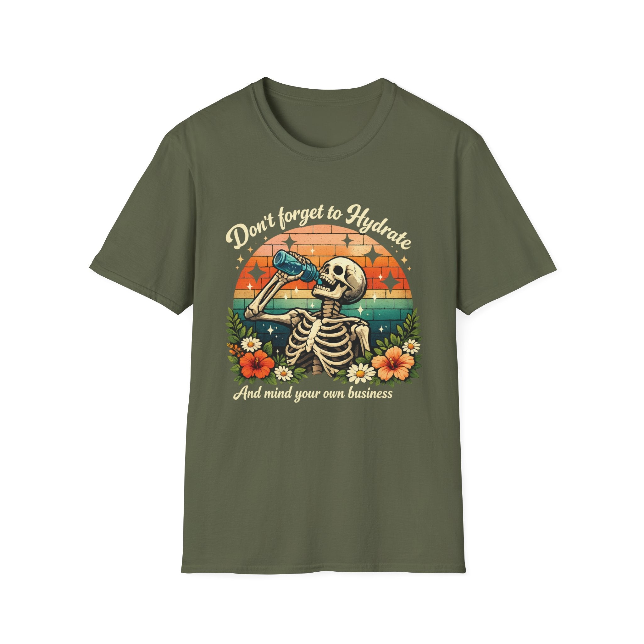 Skeleton Sunset Tee — Retro Skull Drinking Graphic T-Shirt