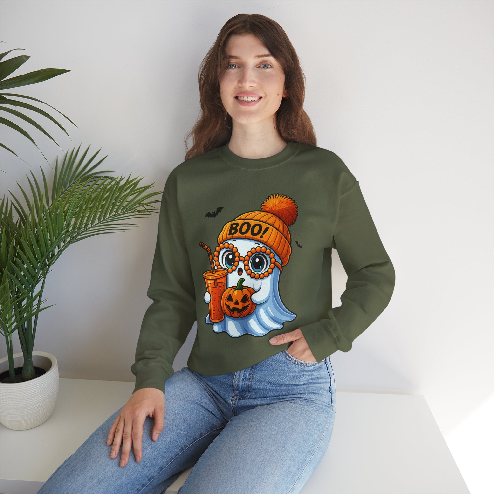 Halloween Ghost Crewneck Sweatshirt — "Boo!" Pumpkin & Candy Drink Design