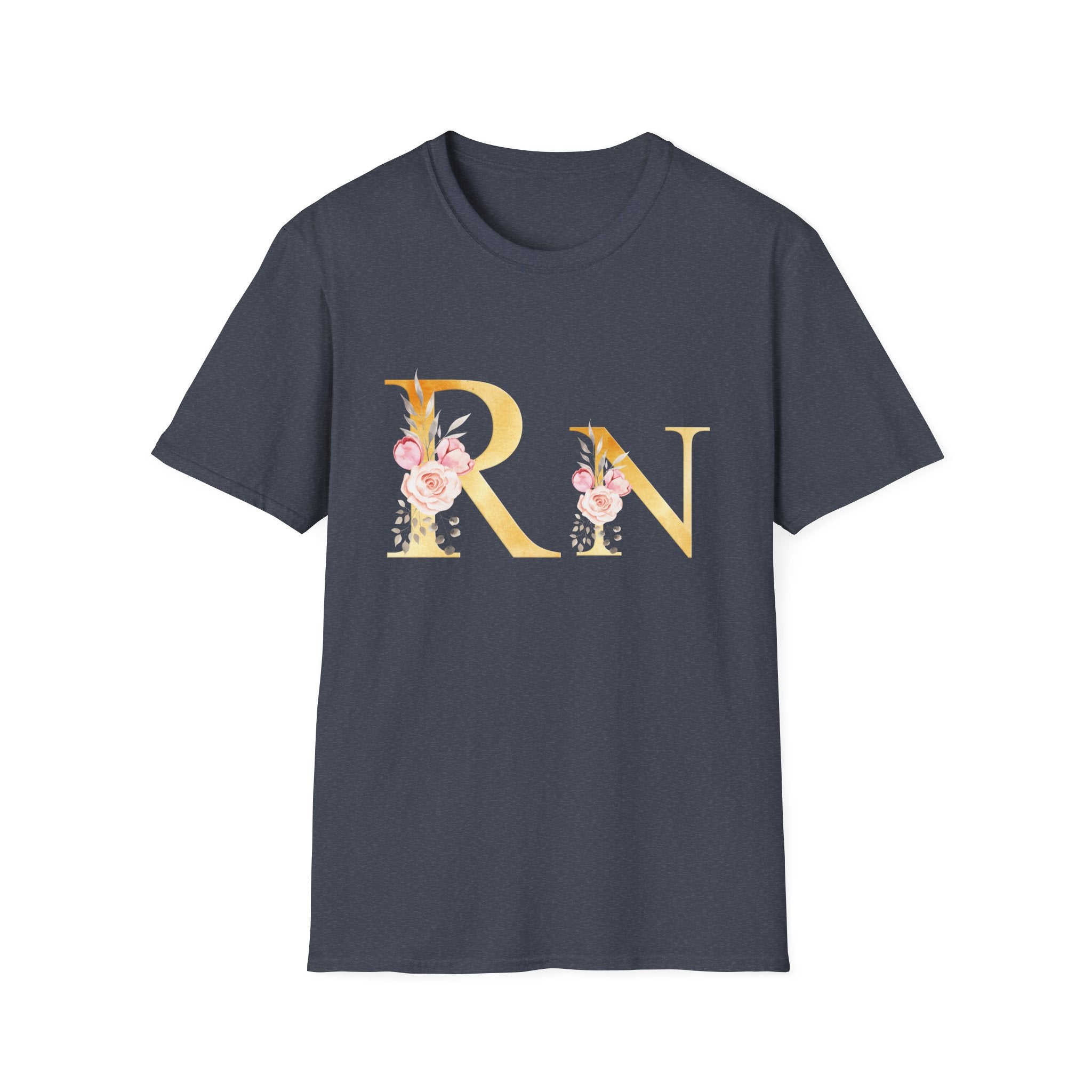 Registered Nurse Floral Monogram T-Shirt — Gold Lettering with Pink Roses